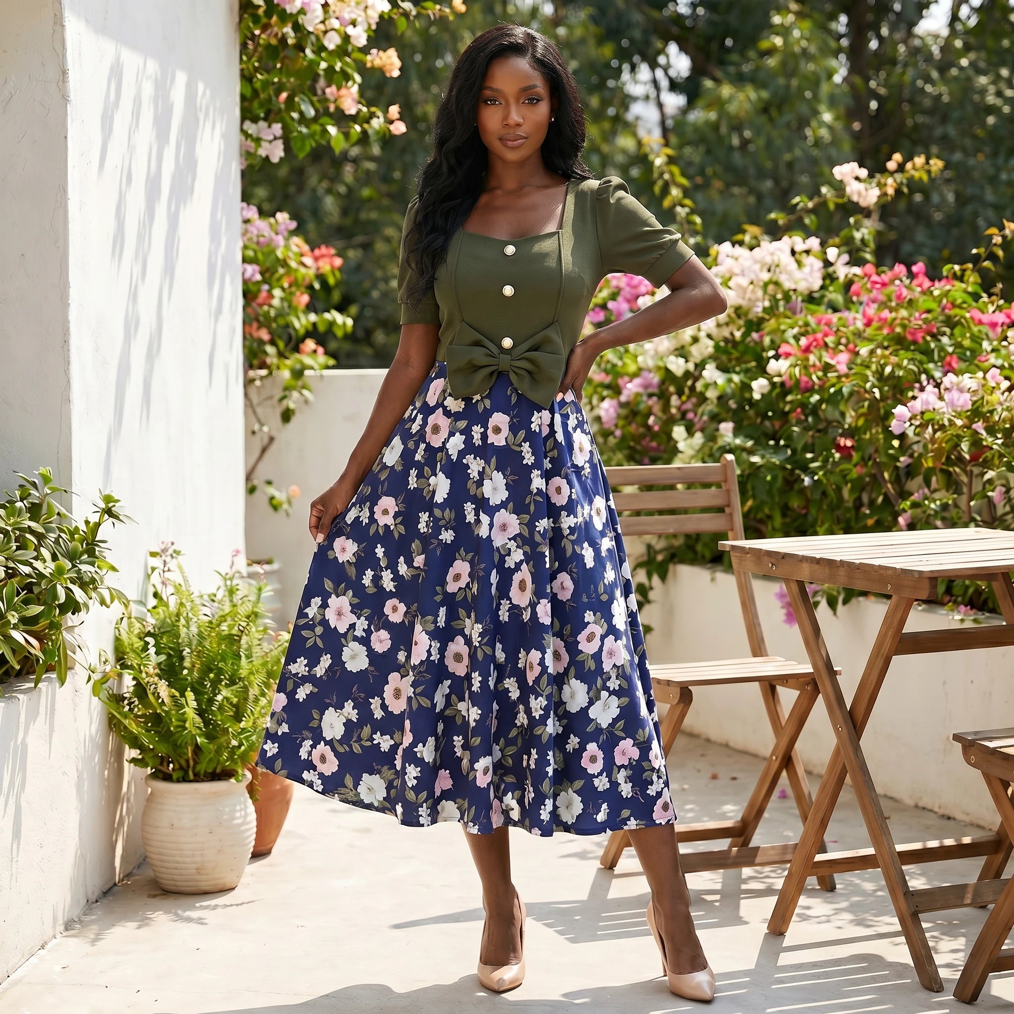 Floral Tie-Waist Midi Dress WHD0605526-LF2510