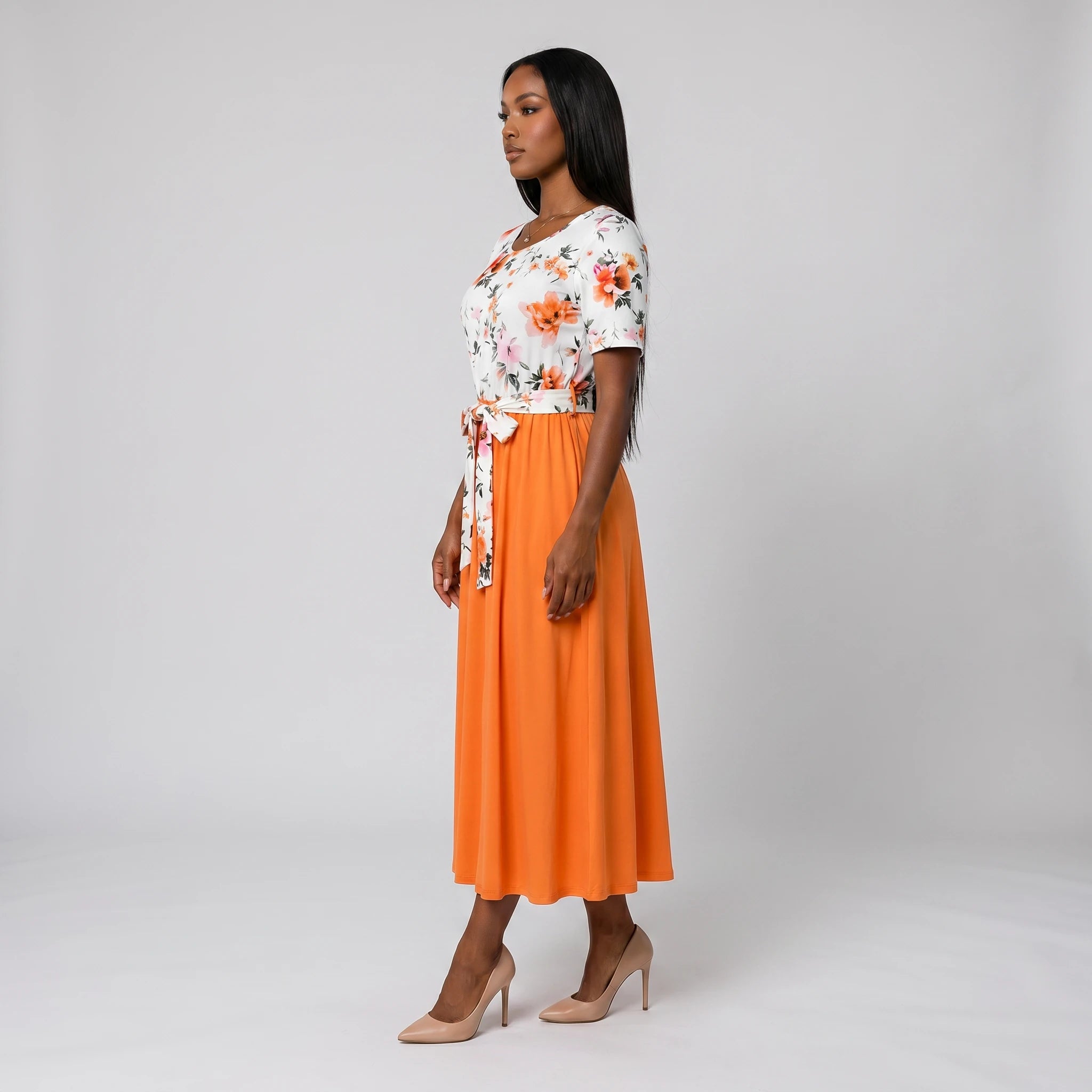 Floral Tie-Waist Midi Dress WHD0605527-LF2526
