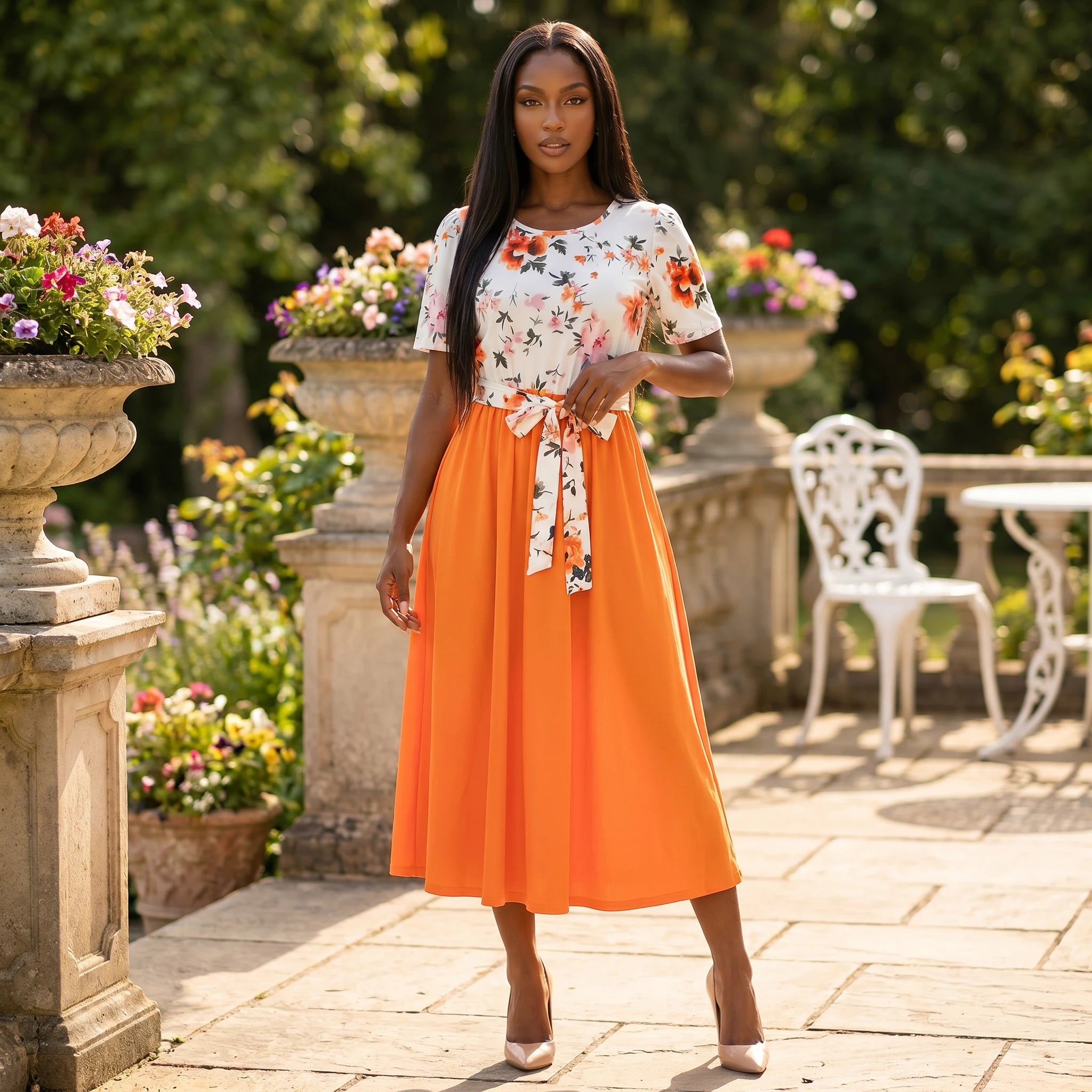 Floral Tie-Waist Midi Dress WHD0605527-LF2526