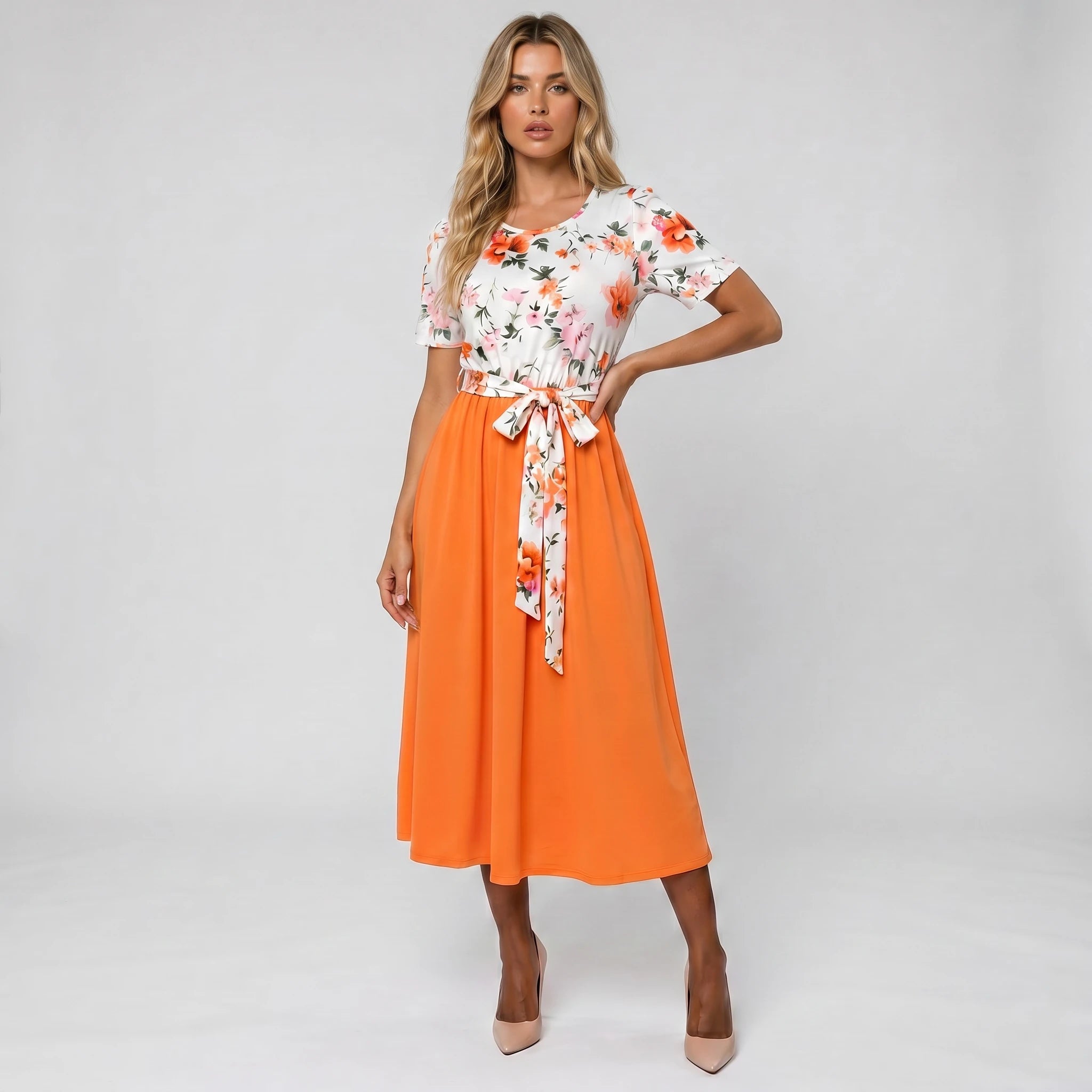 Floral Tie-Waist Midi Dress WHD0605527-LF2526