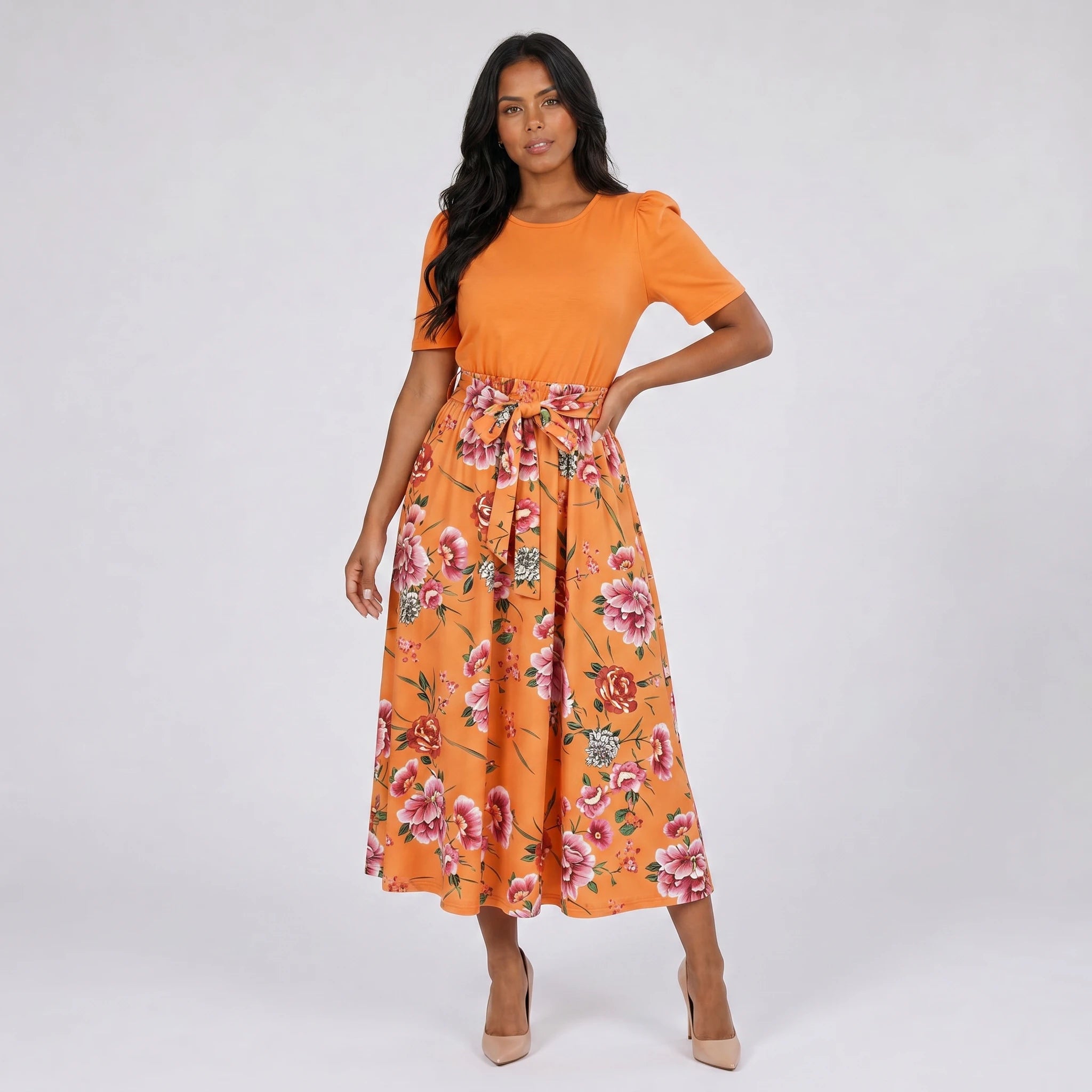 Floral Bow-Waist Midi Dress WHD0605528-LF2518