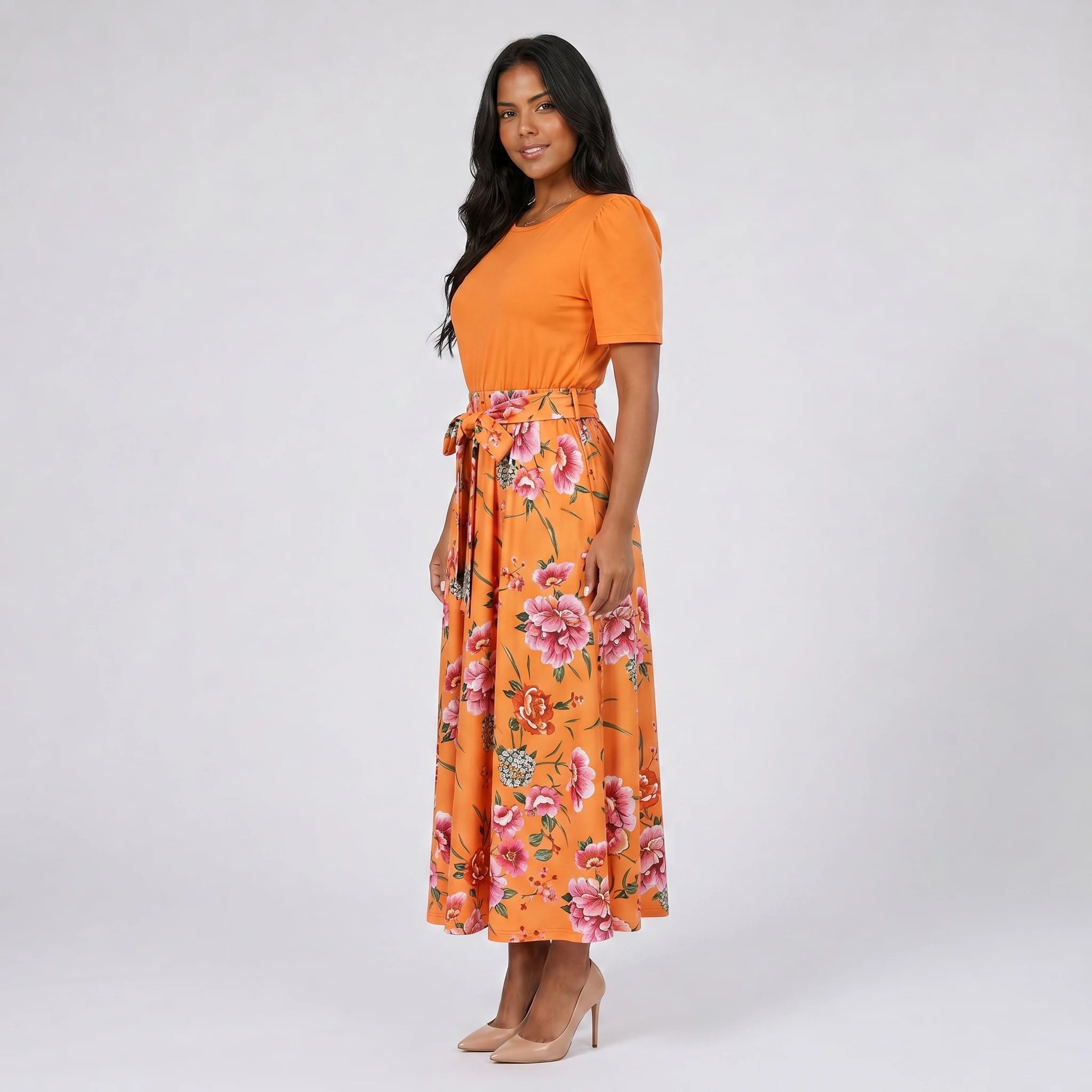 Floral Bow-Waist Midi Dress WHD0605528-LF2518