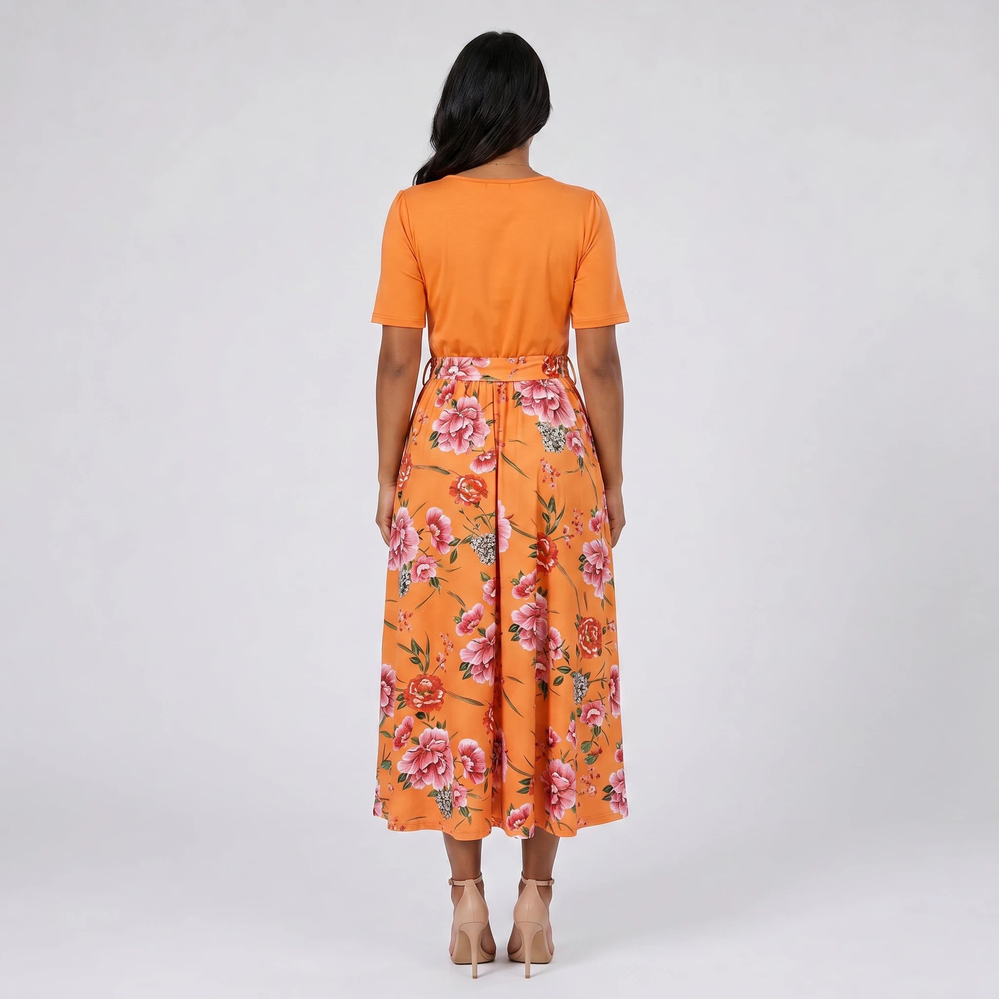 Floral Bow-Waist Midi Dress WHD0605528-LF2518