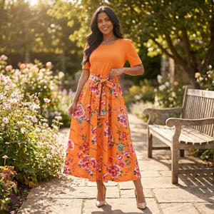 Floral Bow-Waist Midi Dress WHD0605528-LF2518