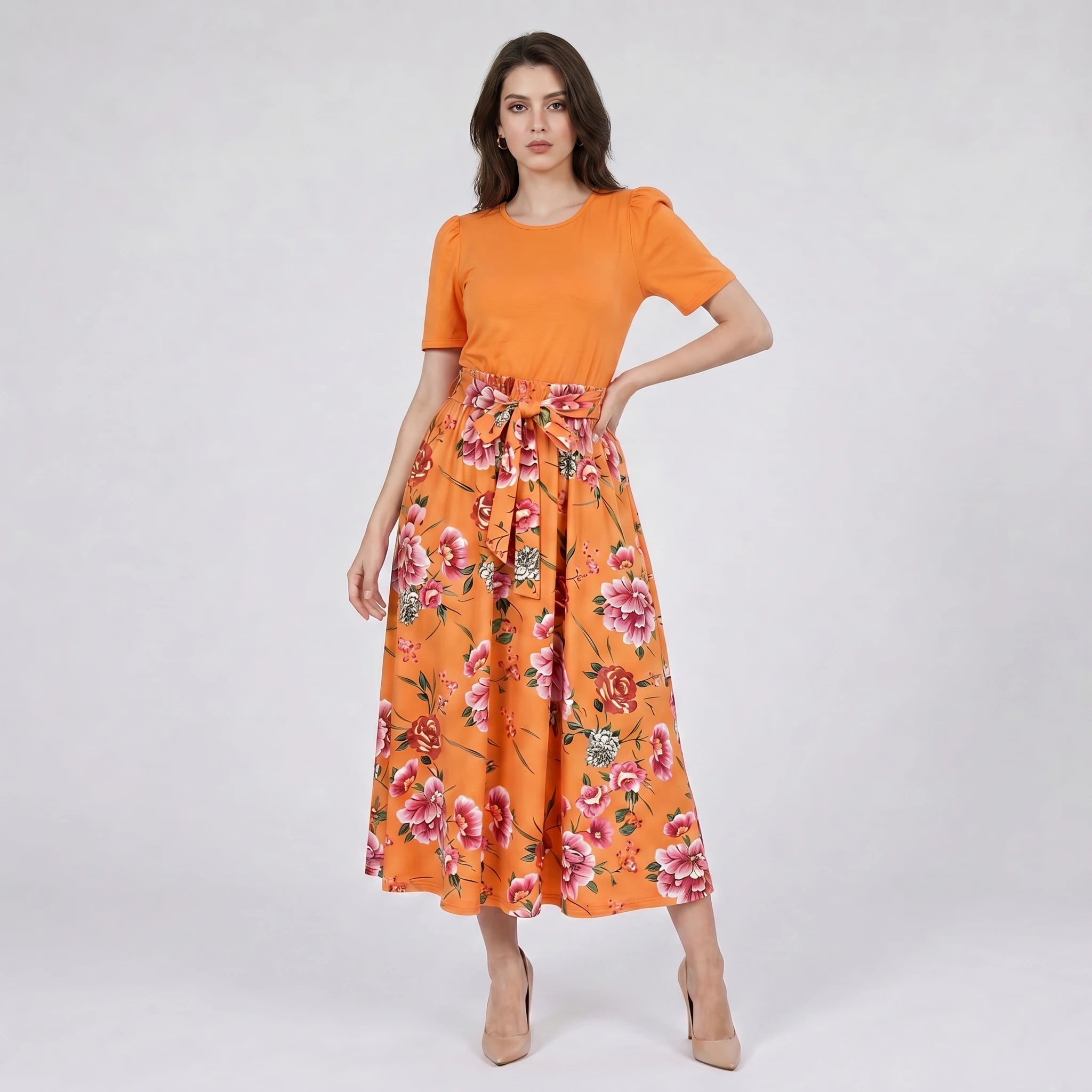 Floral Bow-Waist Midi Dress WHD0605528-LF2518