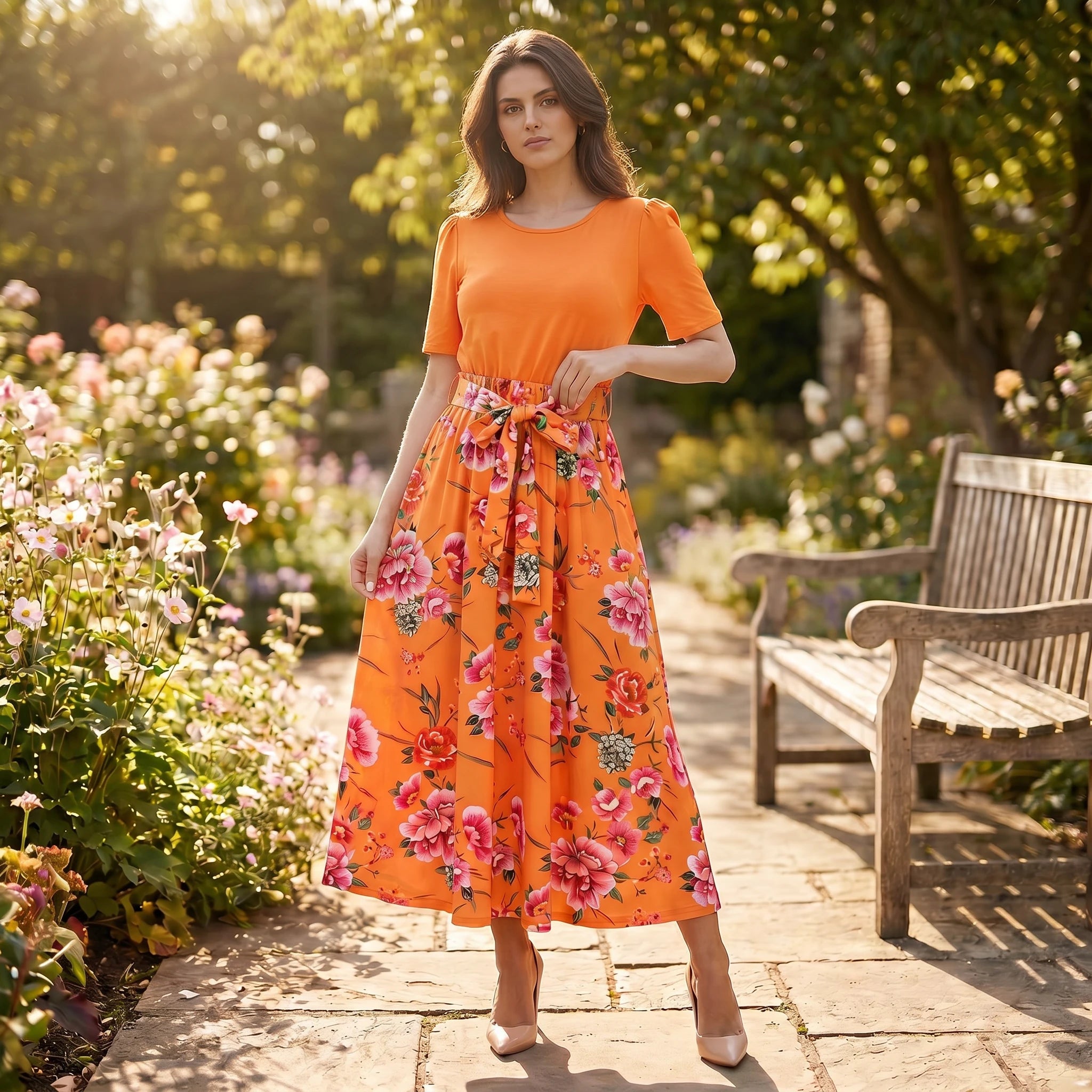 Floral Bow-Waist Midi Dress WHD0605528-LF2518