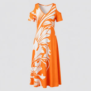 Cold-Shoulder Leaf Print Dress WHD0605529-LF2517