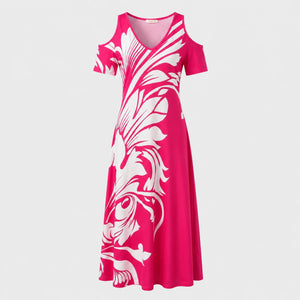Cold-Shoulder Leaf Print Dress WHD0605529-LF2517