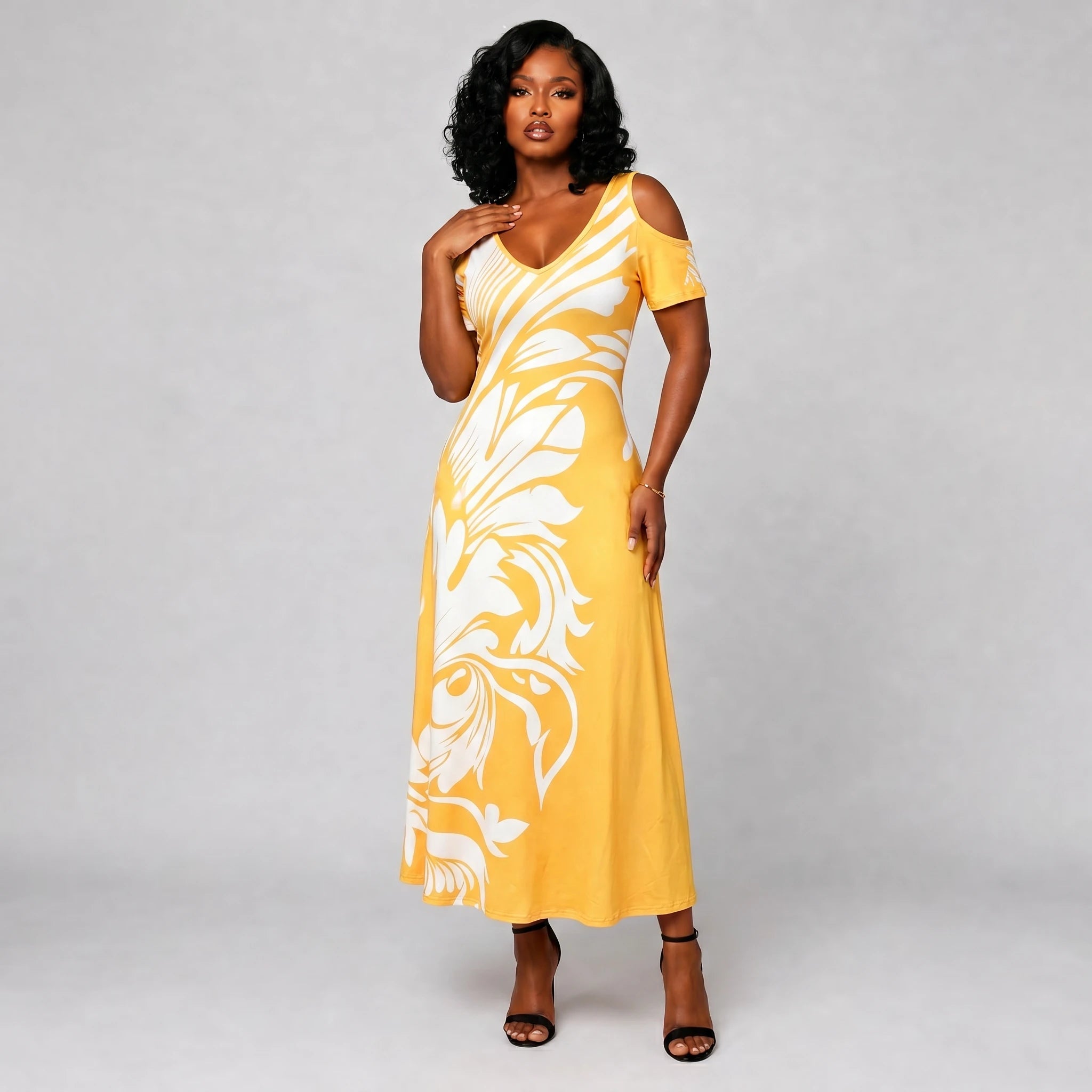 Cold-Shoulder Leaf Print Dress WHD0605529-LF2517