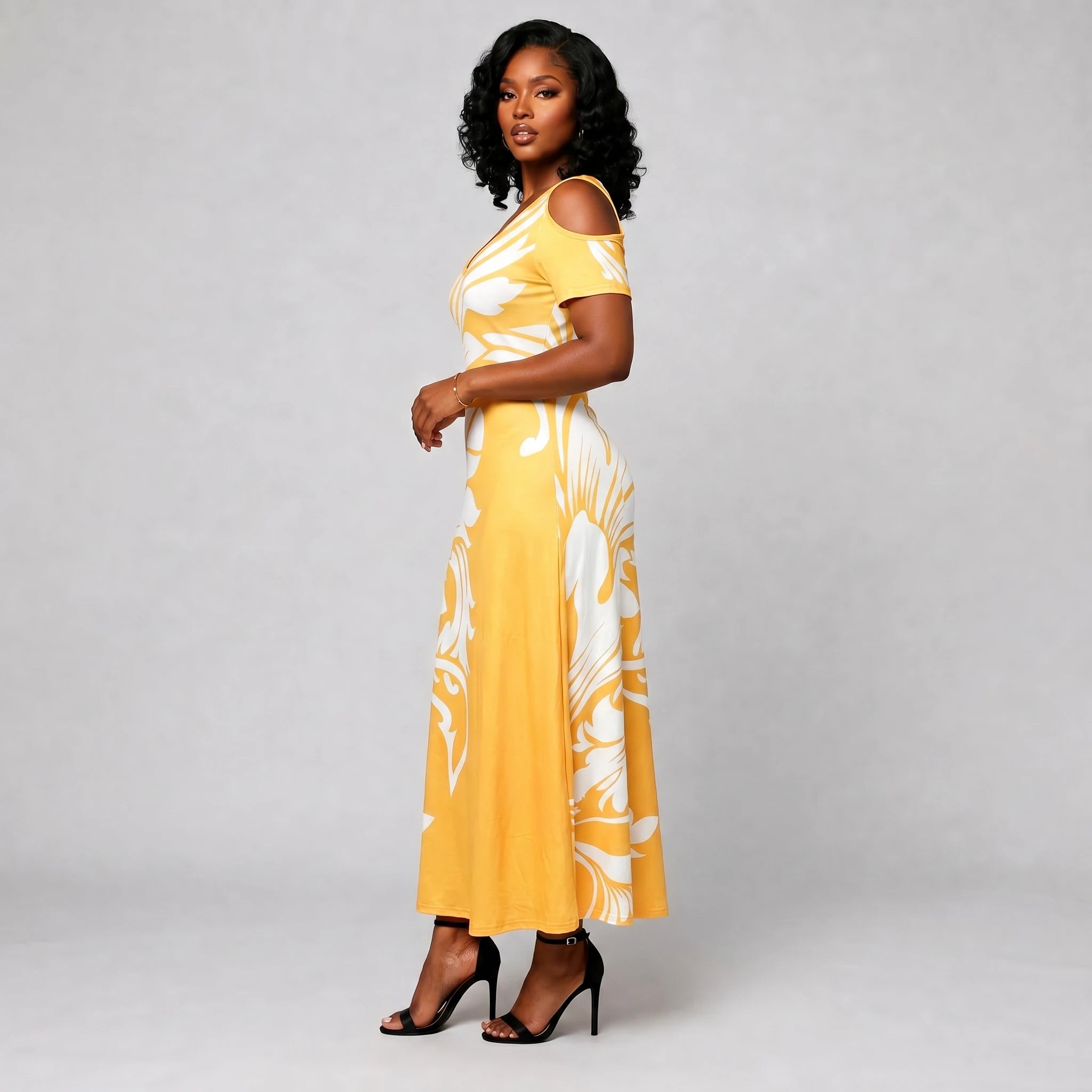 Cold-Shoulder Leaf Print Dress WHD0605529-LF2517