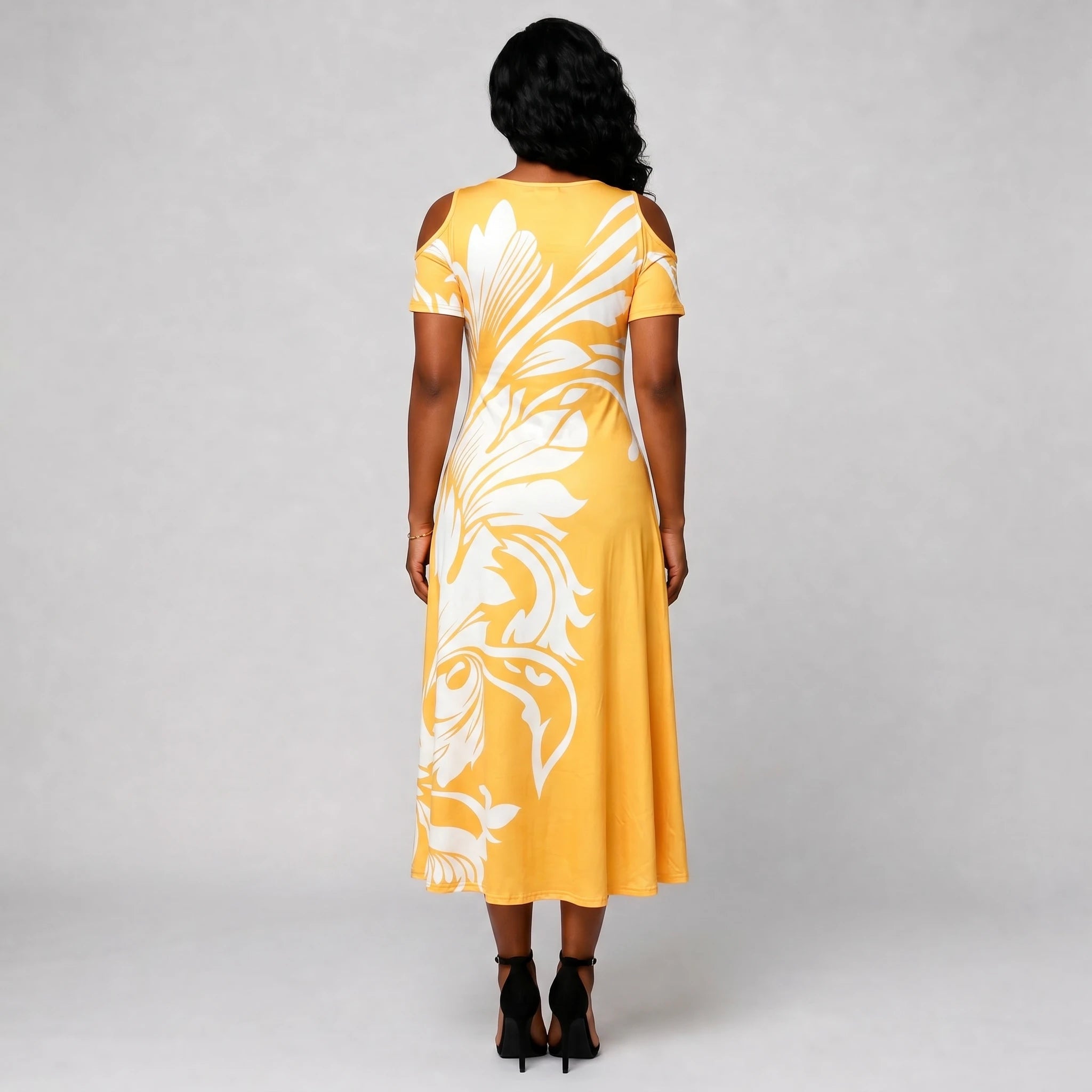 Cold-Shoulder Leaf Print Dress WHD0605529-LF2517