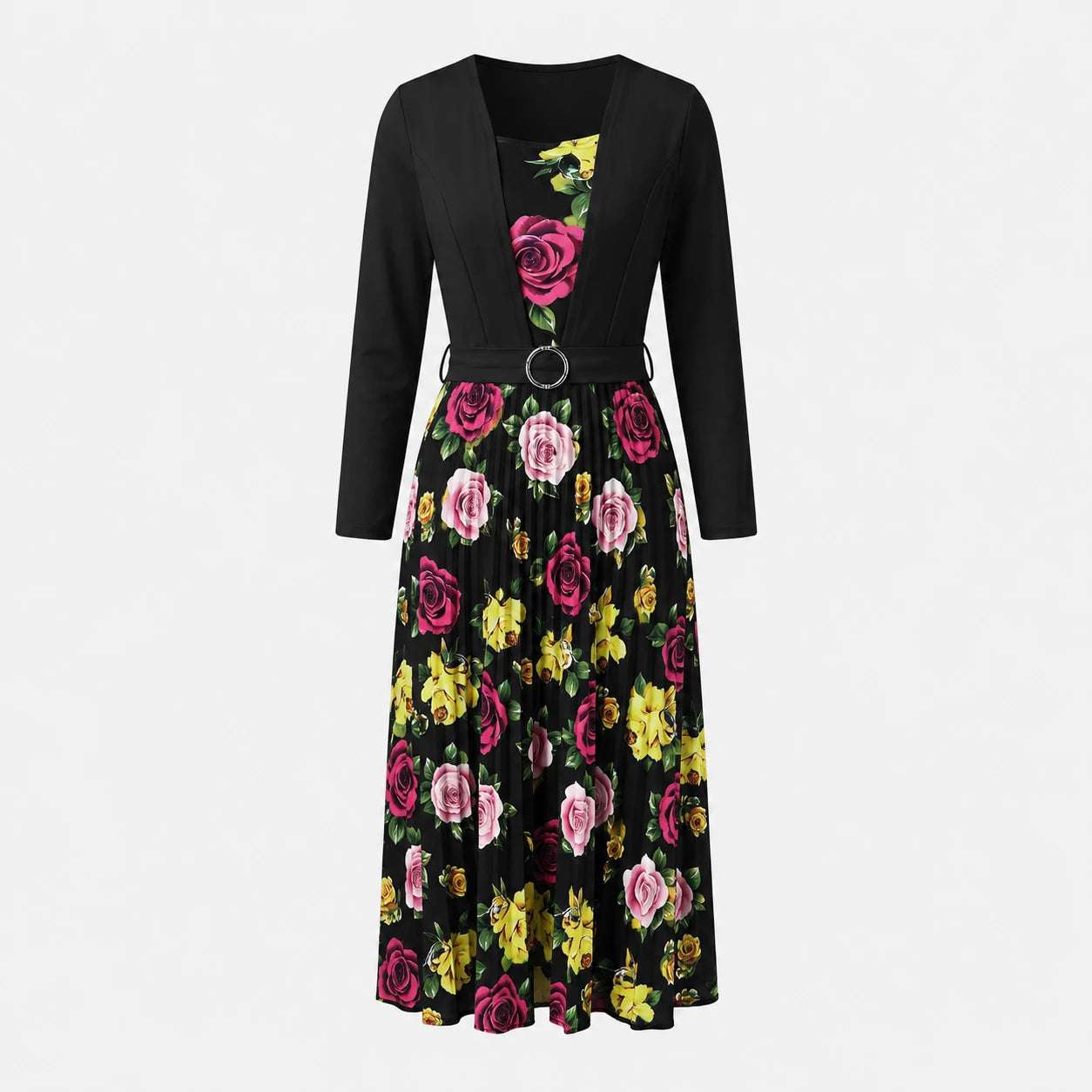 Floral Pleated Belted Midi Dress WHD0605532-LF2502