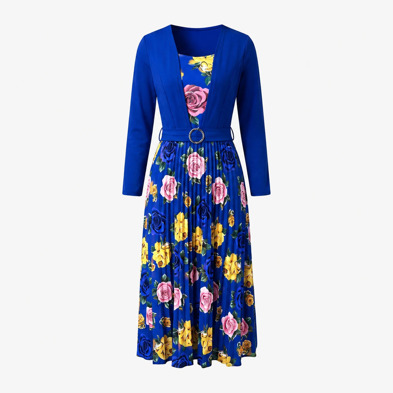 Floral Pleated Belted Midi Dress WHD0605532-LF2502