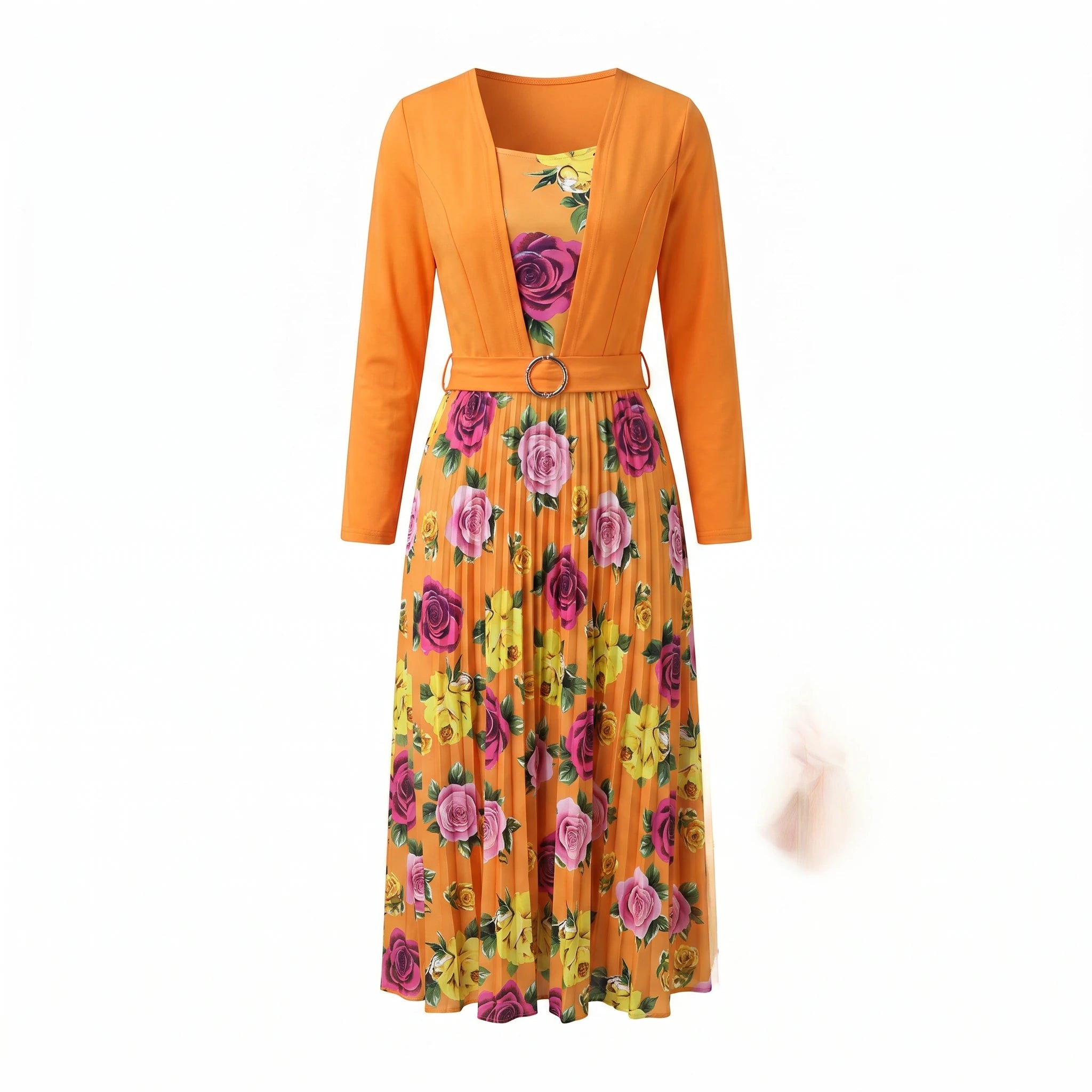 Floral Pleated Belted Midi Dress WHD0605532-LF2502