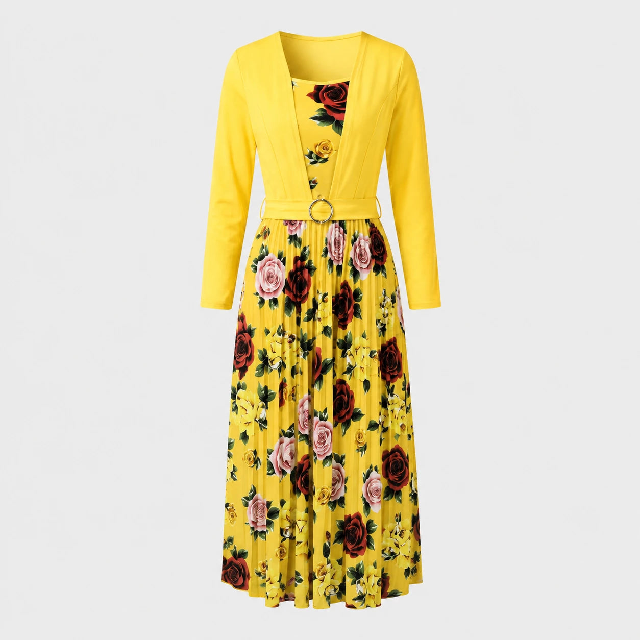 Floral Pleated Belted Midi Dress WHD0605532-LF2502