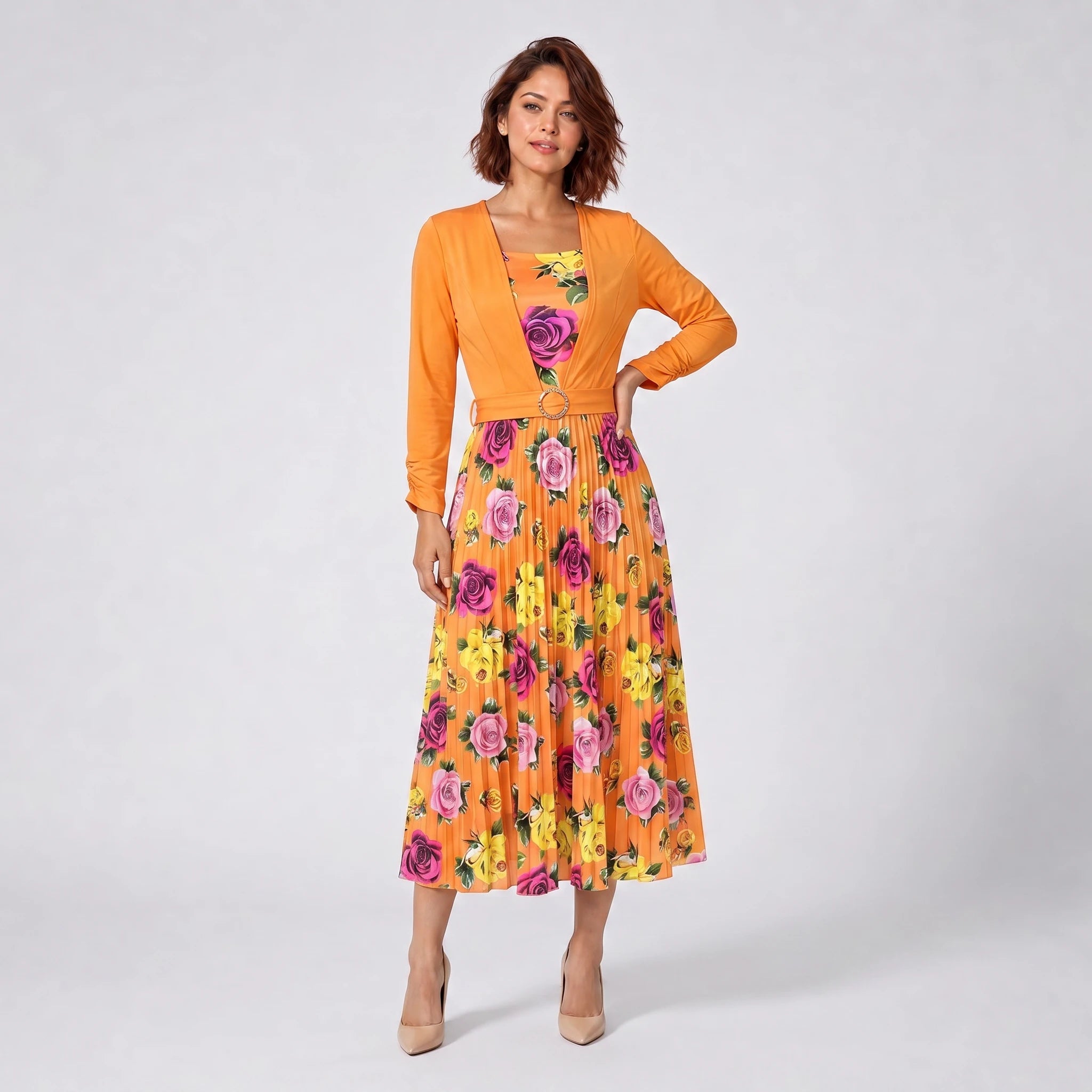 Floral Pleated Belted Midi Dress WHD0605532-LF2502