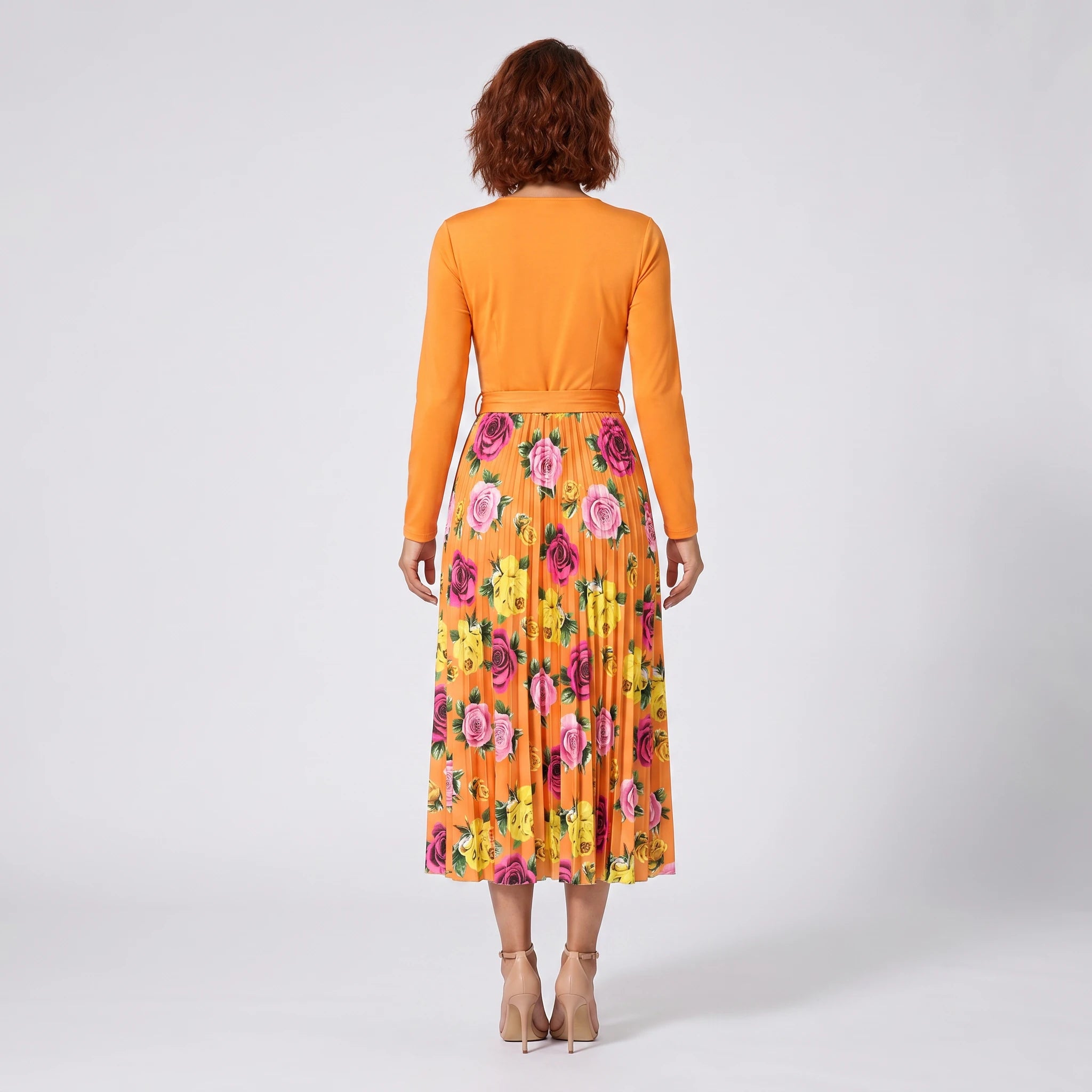 Floral Pleated Belted Midi Dress WHD0605532-LF2502