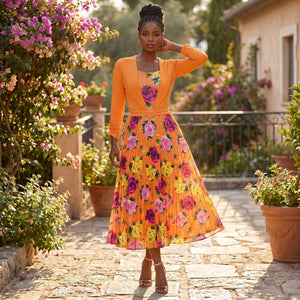 Floral Pleated Belted Midi Dress WHD0605532-LF2502