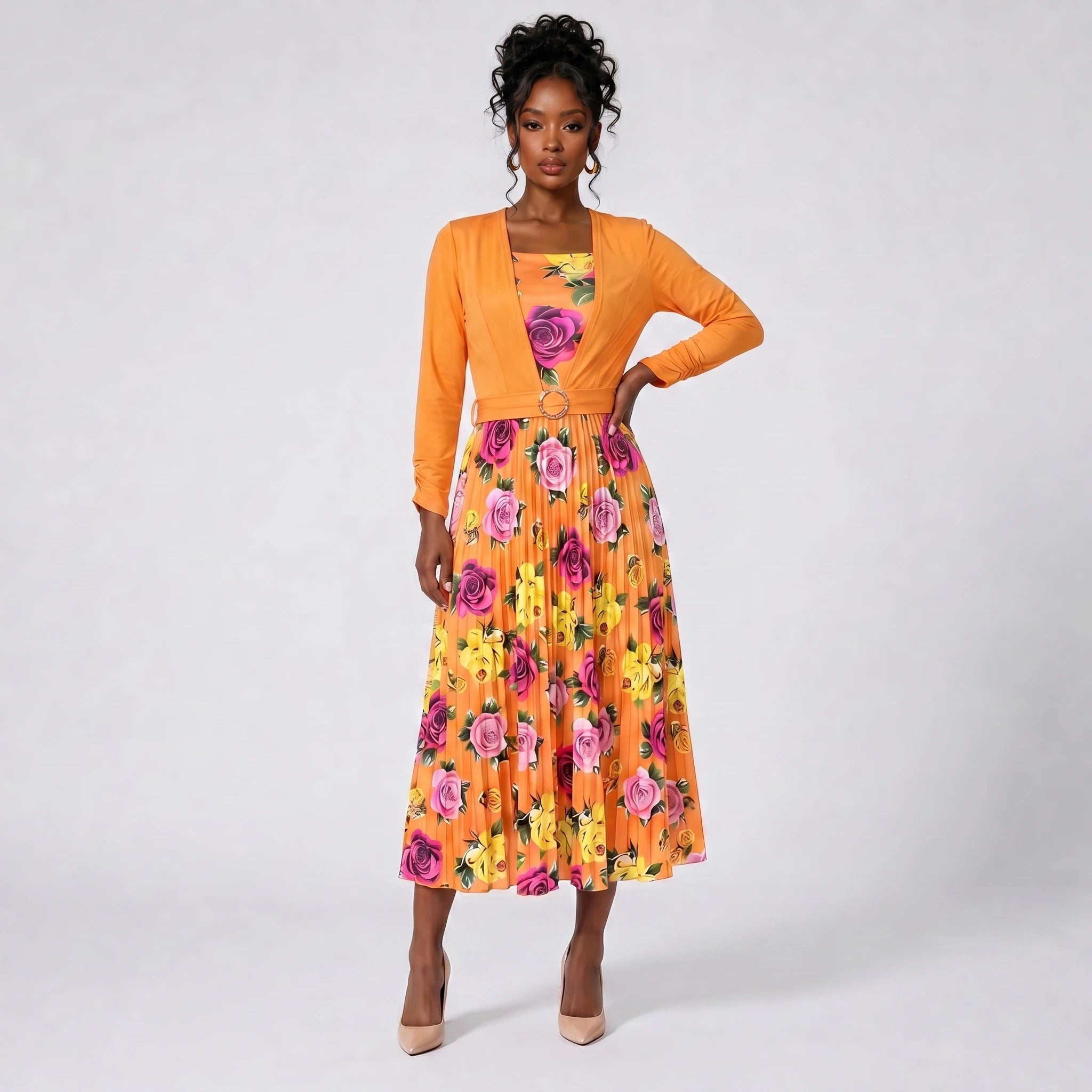 Floral Pleated Belted Midi Dress WHD0605532-LF2502