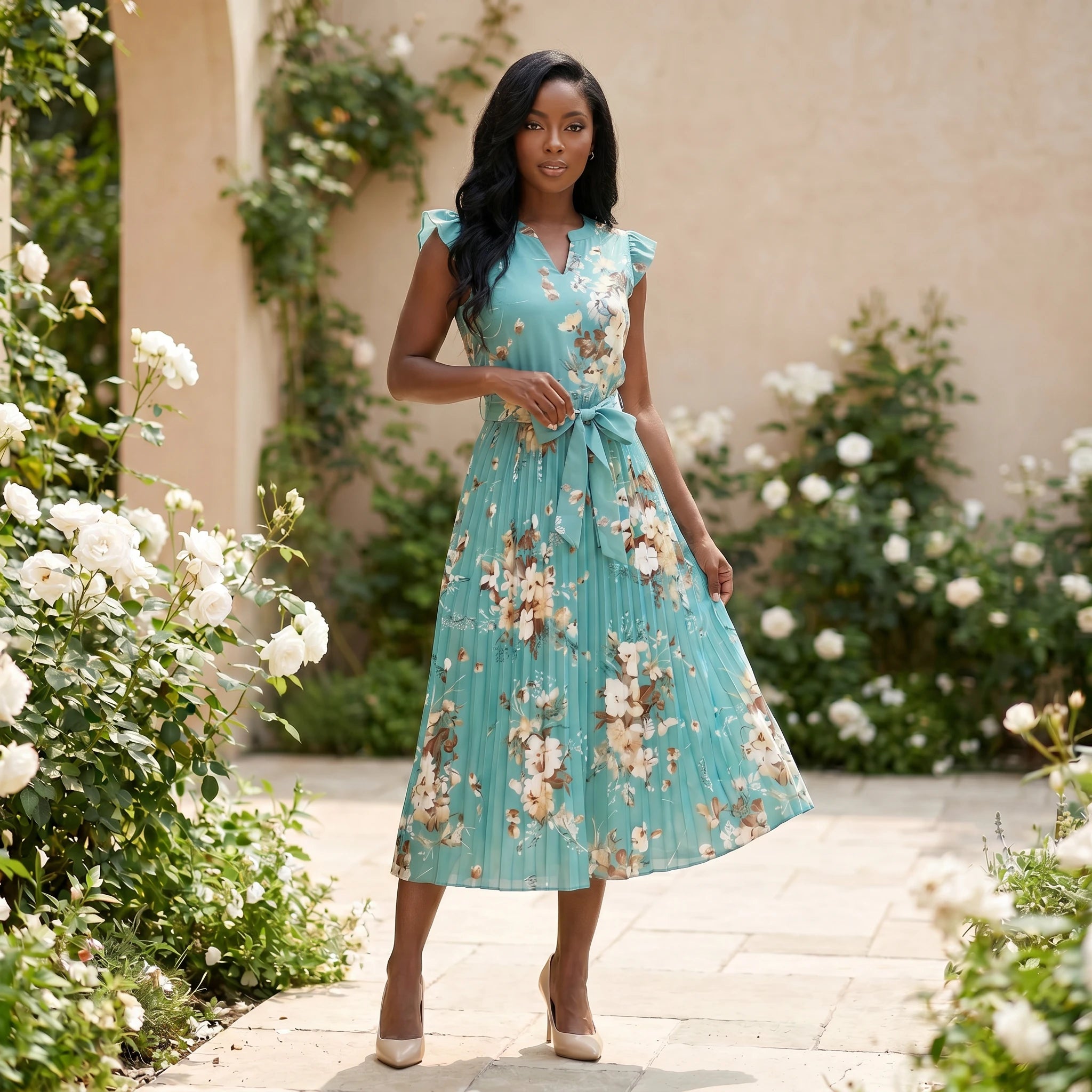 Floral Tie-Waist Midi Dress WHD0605533-LF2318