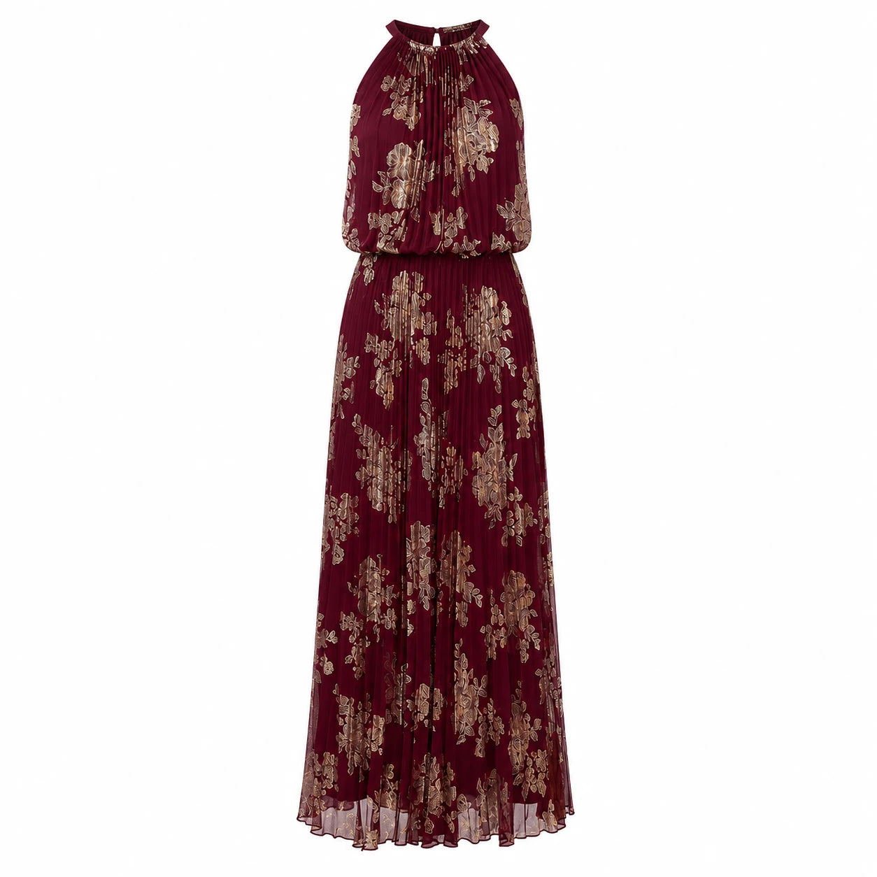 Burgundy Floral Halter Maxi Dress WHD0606003
