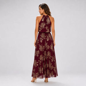 Burgundy Floral Halter Maxi Dress WHD0606003