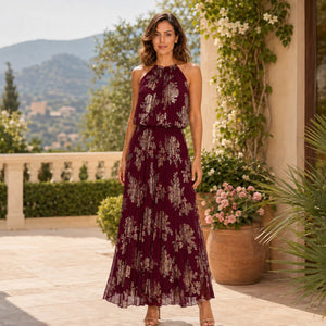 Burgundy Floral Halter Maxi Dress WHD0606003