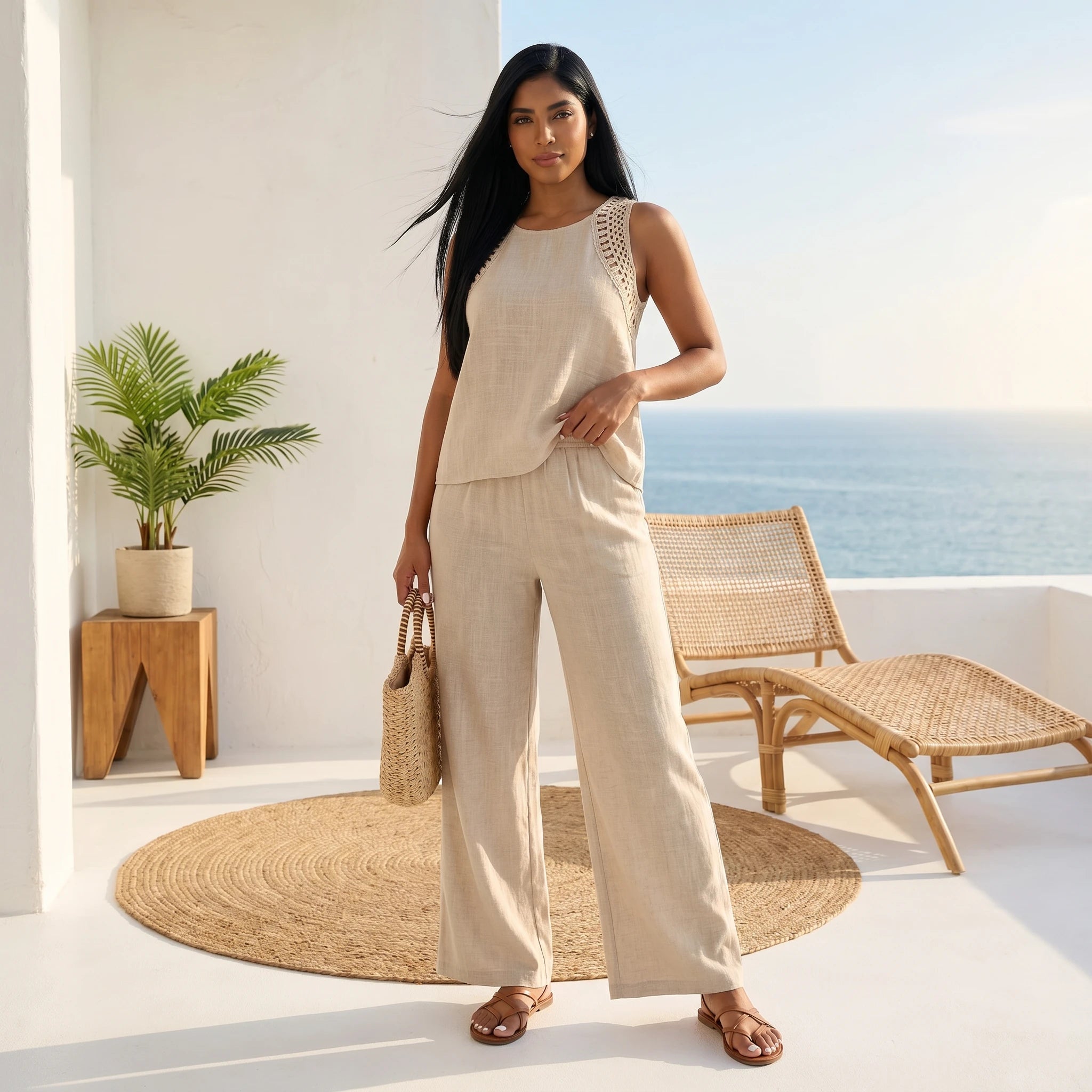 Crochet Back Wide Leg Set WHD0606008