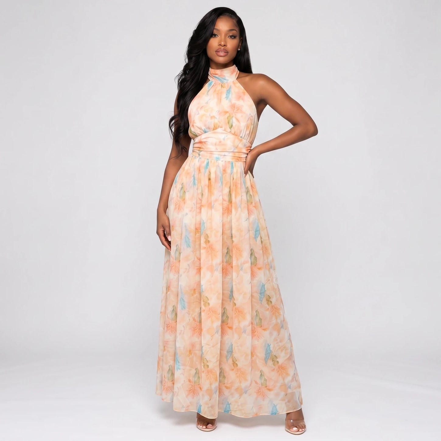 Floral Halter Tie Maxi Dress WHD0606038
