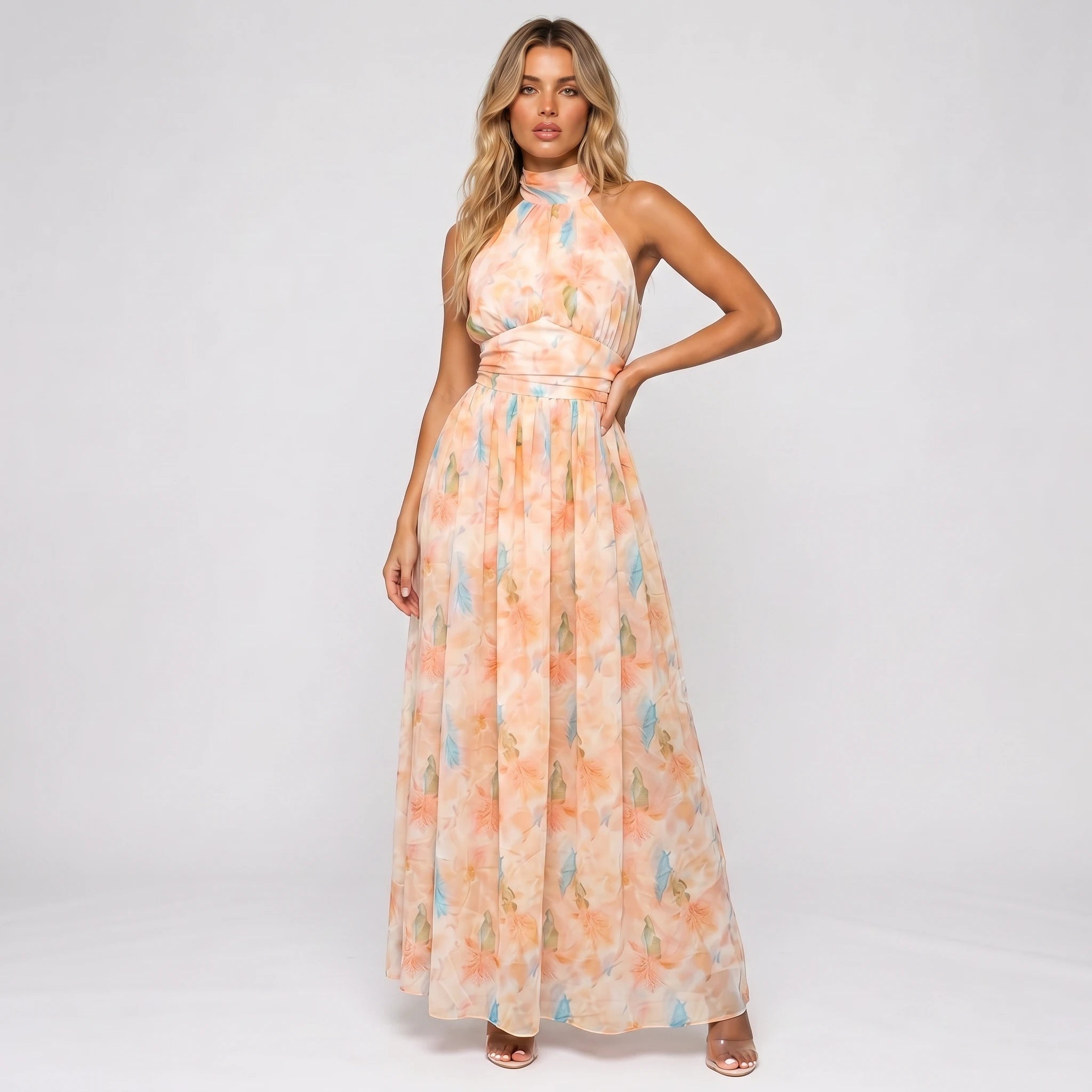Floral Halter Tie Maxi Dress WHD0606038