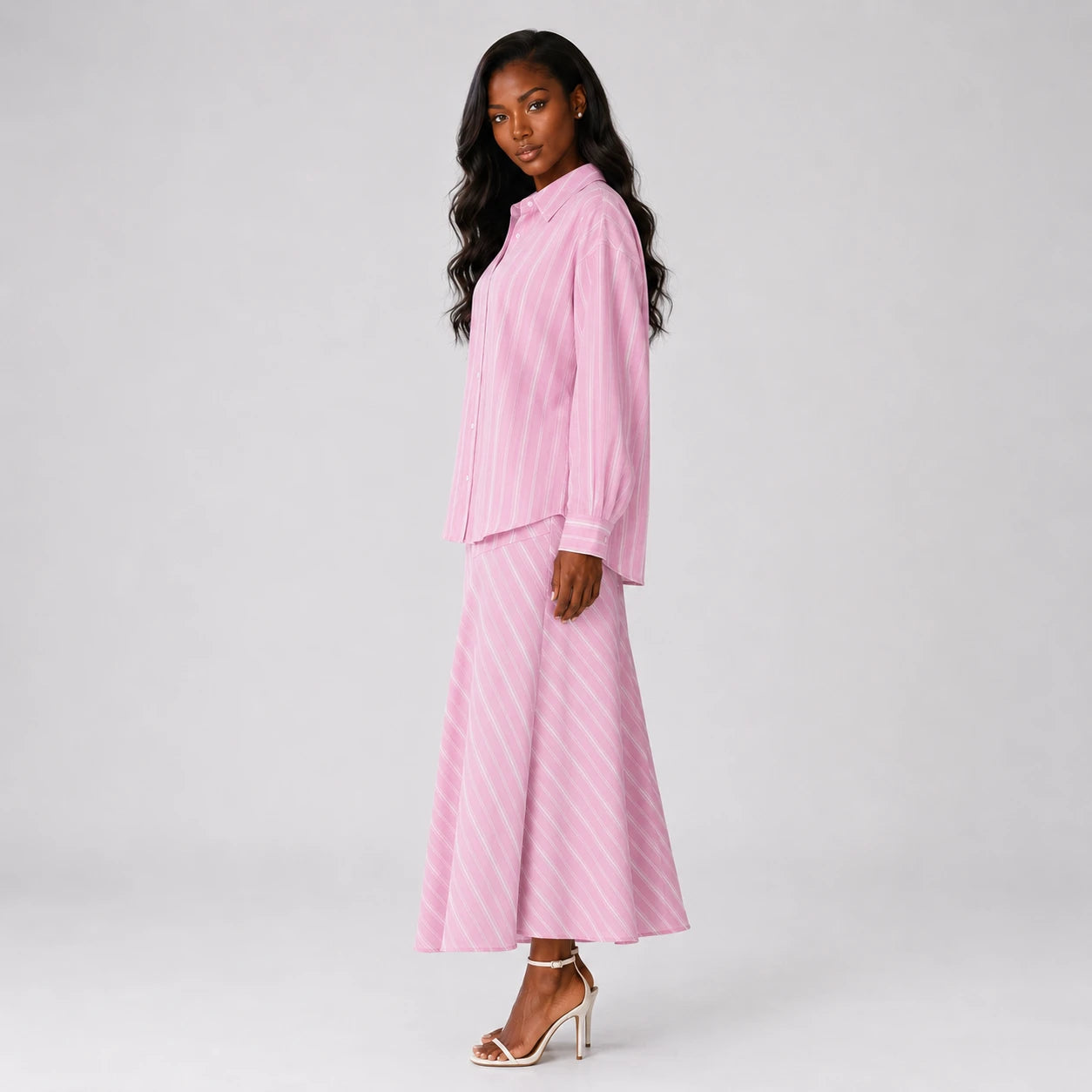 Pink Stripe Shirt Skirt Set WHD0606045