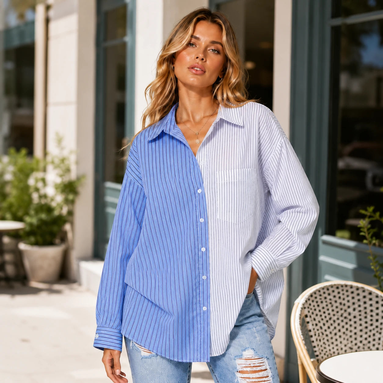 Colorblock Stripe Button Shirt WHD0606047