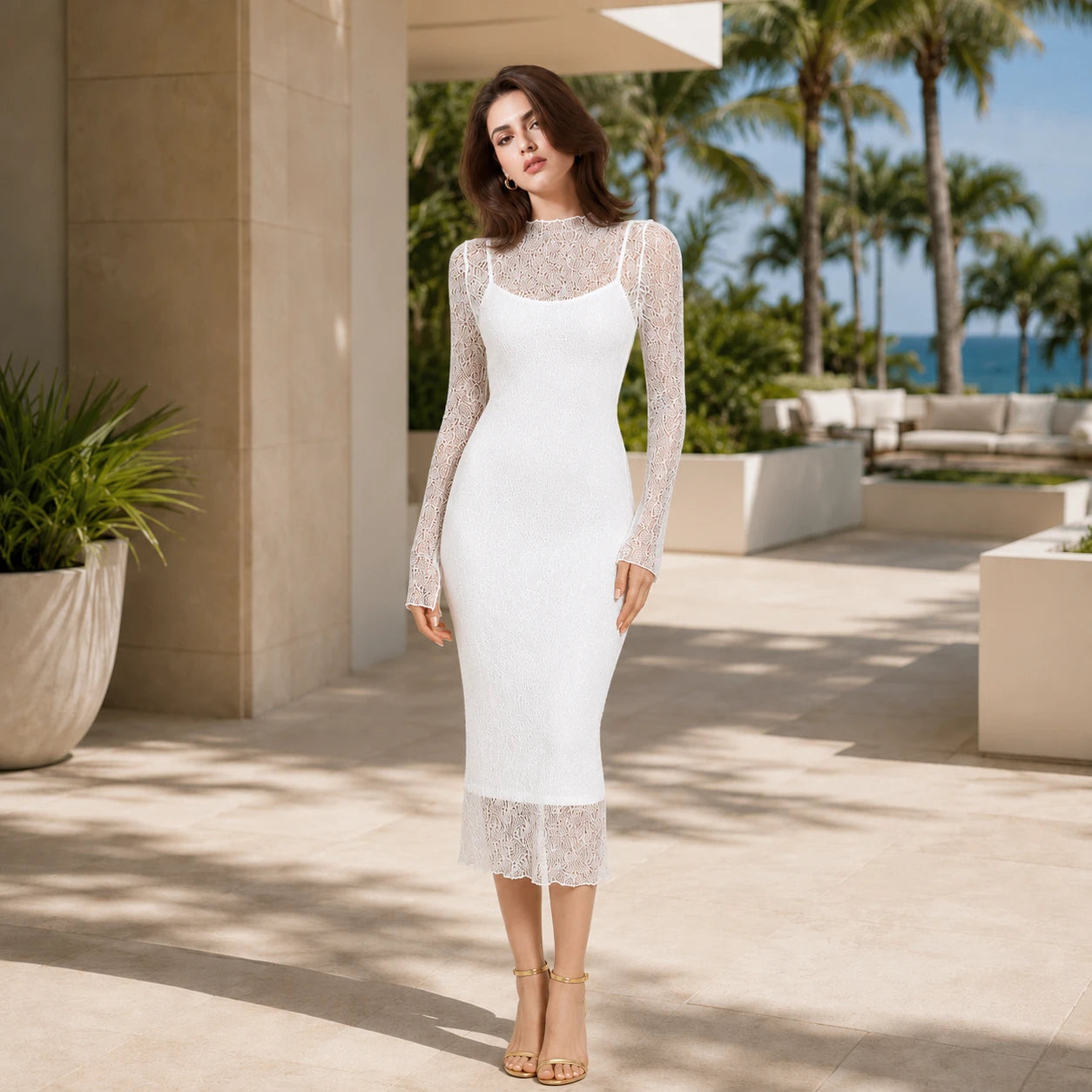 Sheer Lace Midi Dress WHD0606103