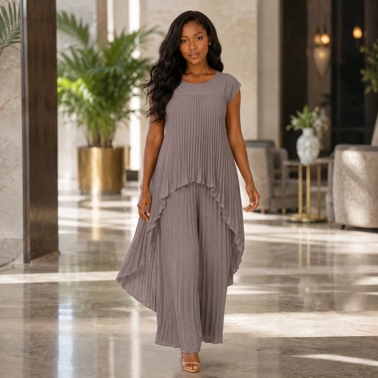 Pleated Overlay Wide Leg Set WHD0606141
