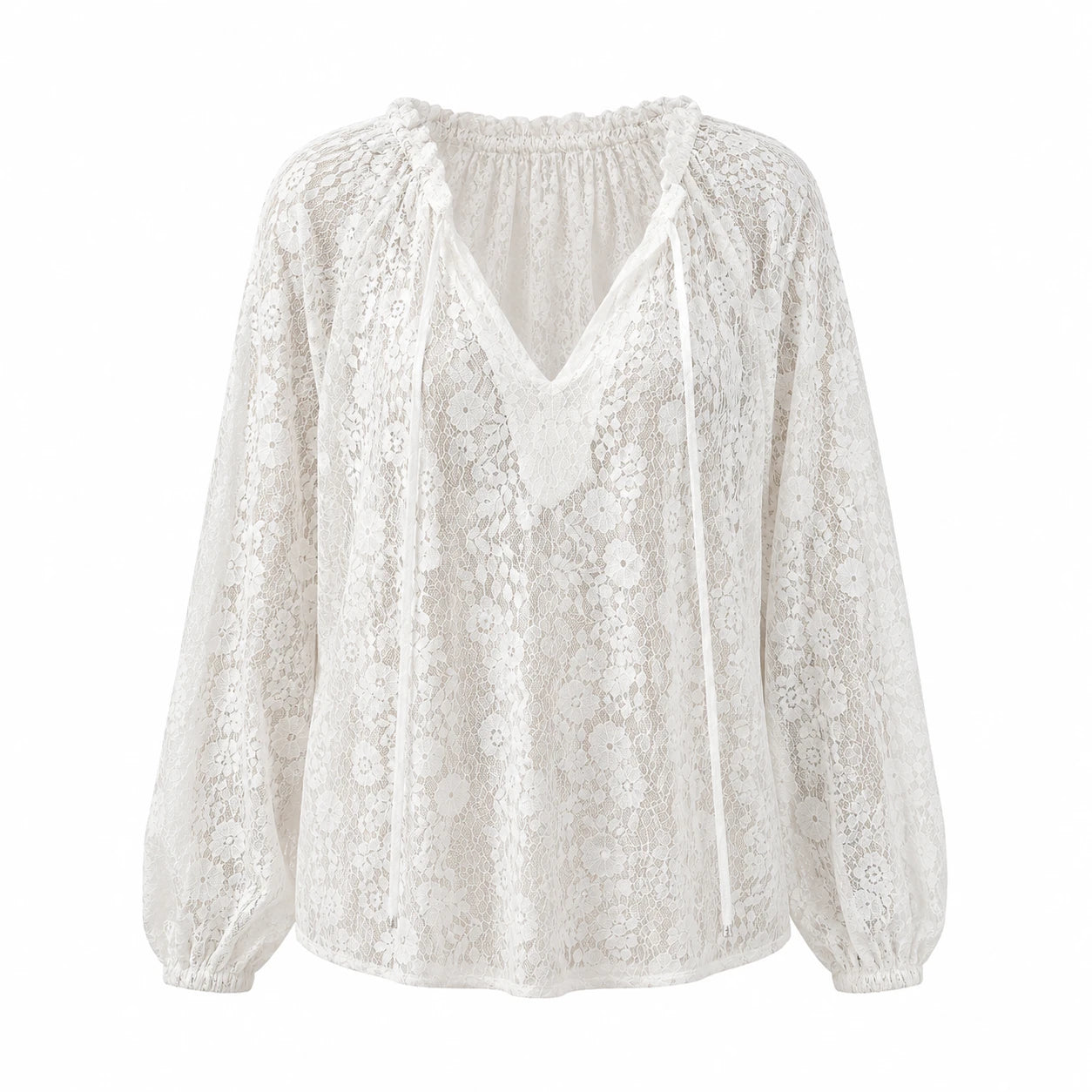 White Lace Tie-Neck Blouse WHD0606143
