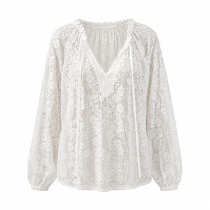 White Lace Tie-Neck Blouse WHD0606143