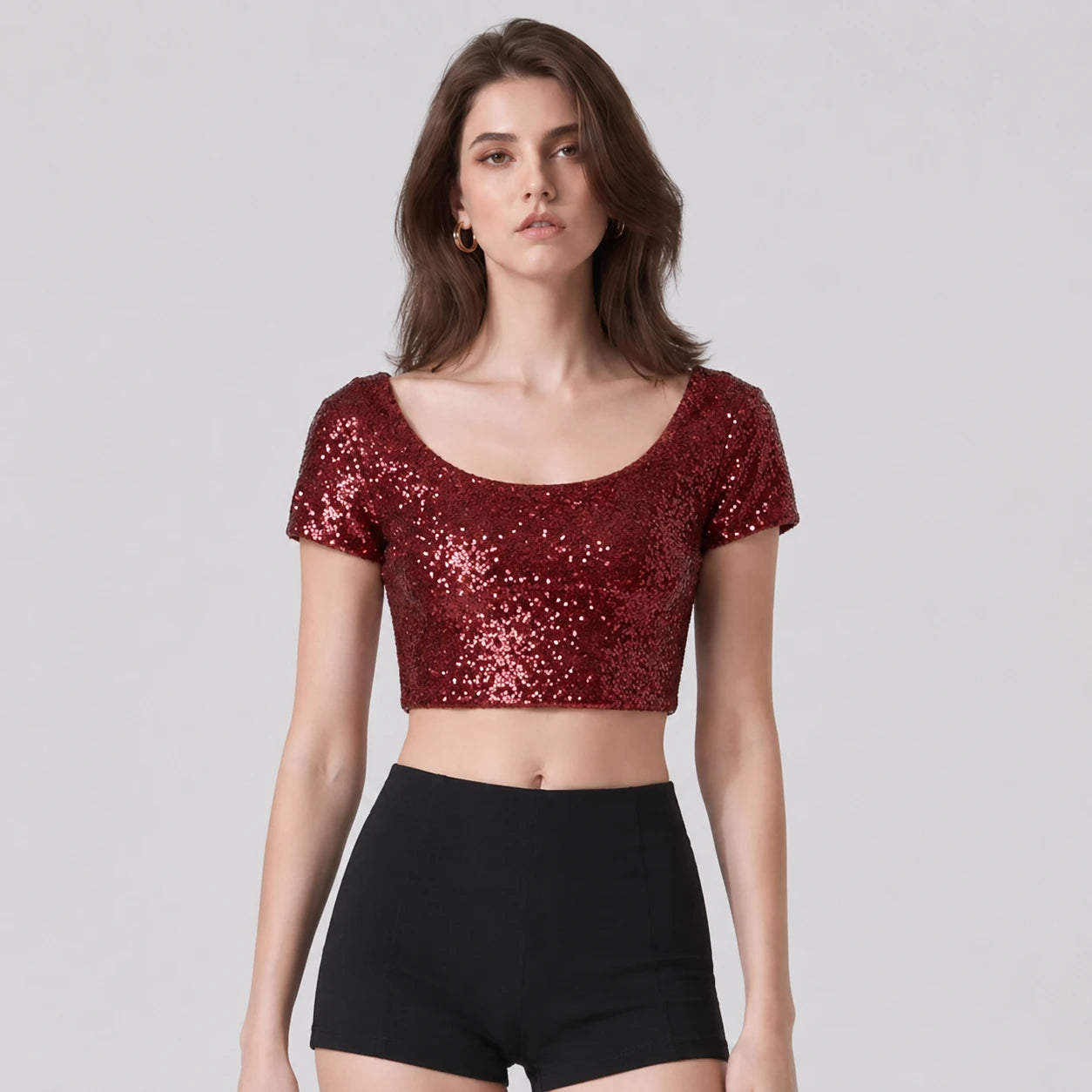 Sequin Short Sleeve Crop Top WHD0606145