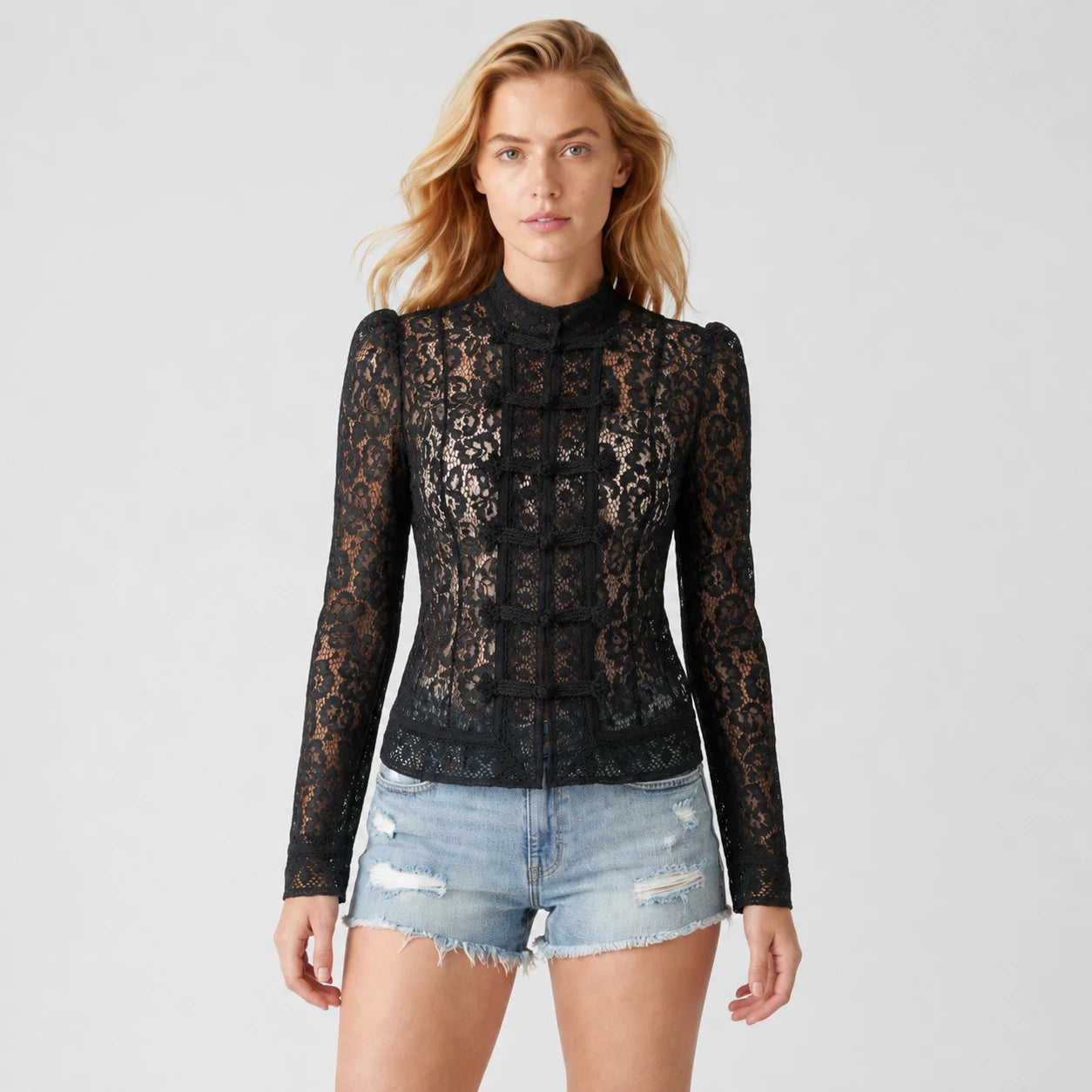 Lace Frog Button Blouse WHD0606151