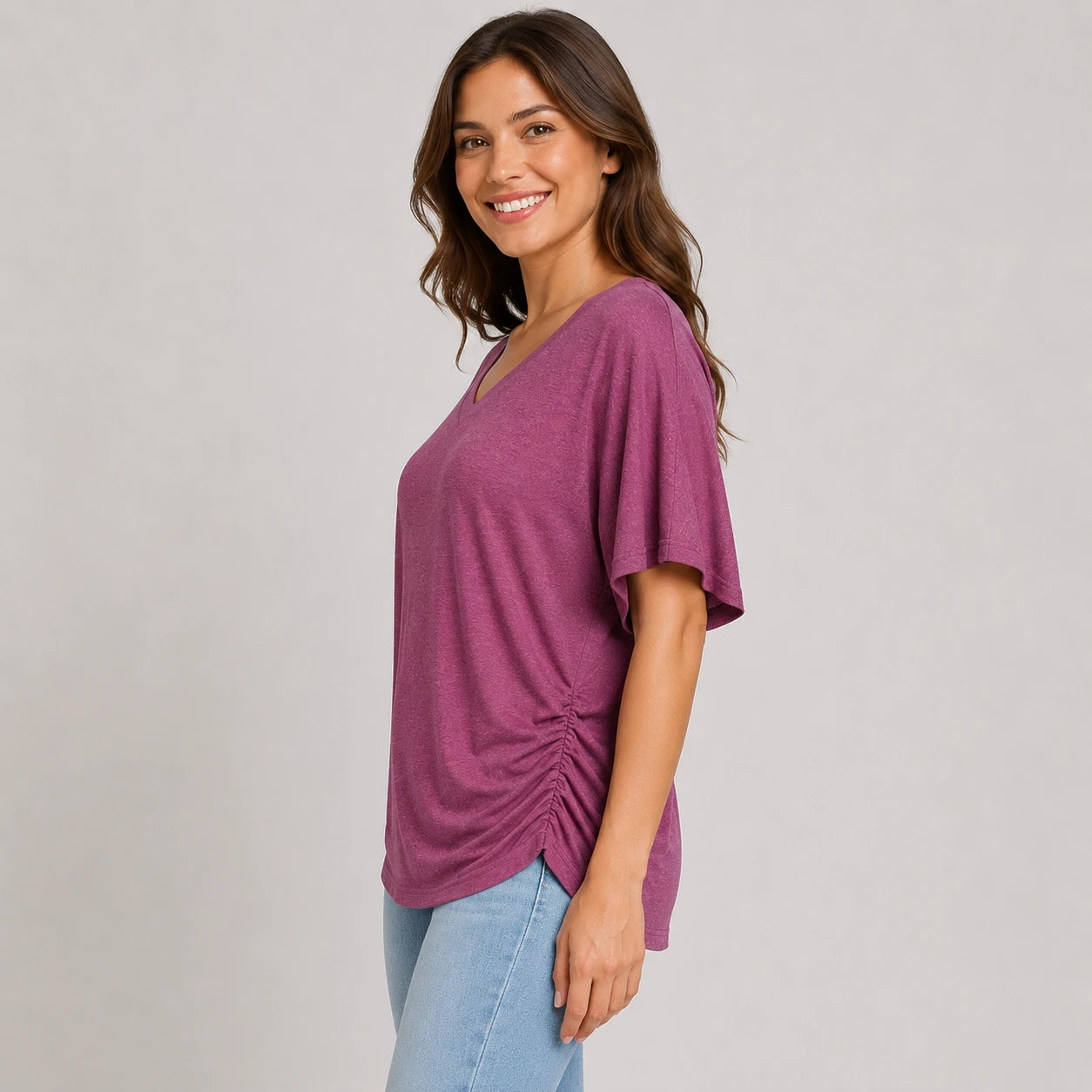 Ruched V-Neck Knit Top WHD0606182
