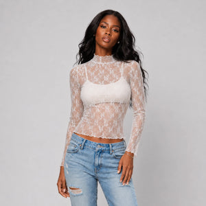 Sheer Lace Mock Neck Top WHD0606187