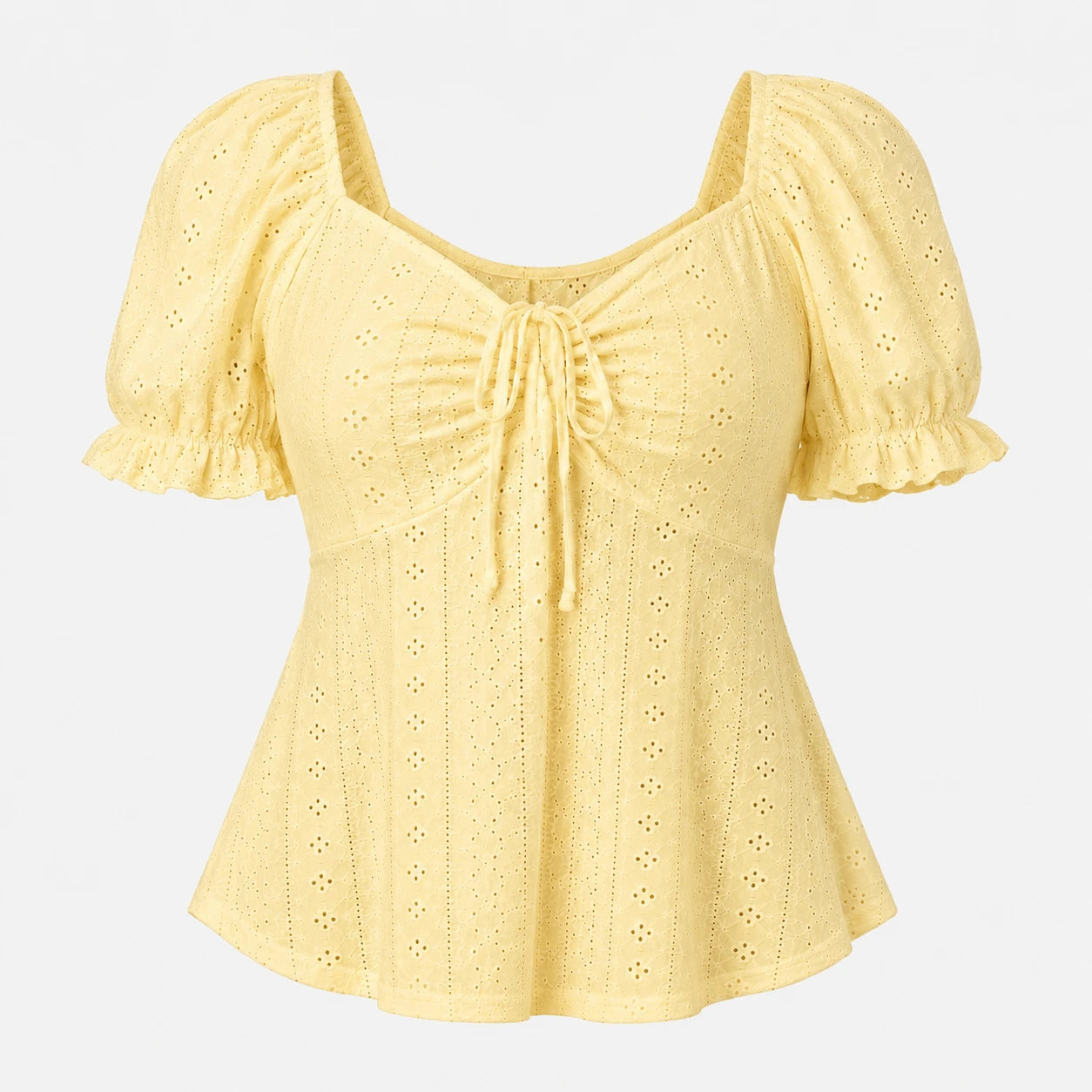 Eyelet Drawstring Puff Sleeve Top WHD0606191