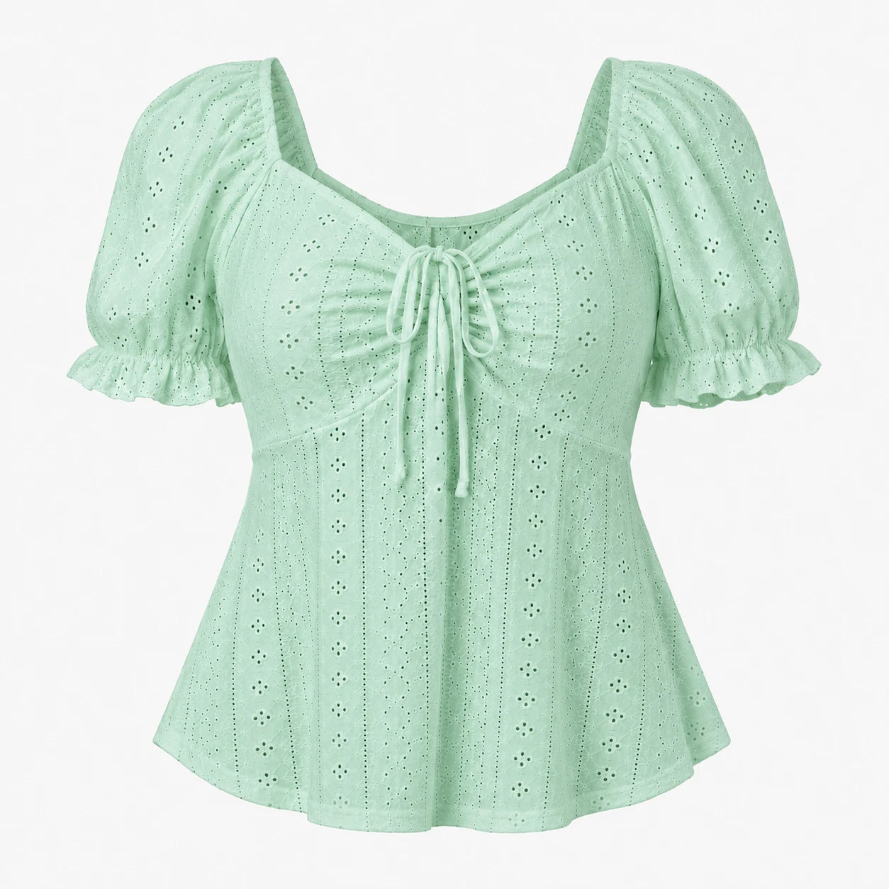 Eyelet Drawstring Puff Sleeve Top WHD0606191