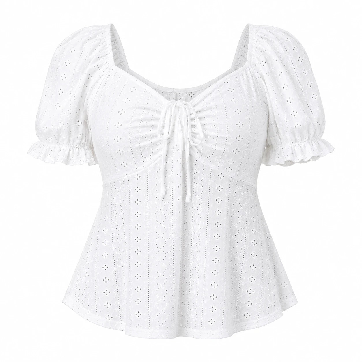 Eyelet Drawstring Puff Sleeve Top WHD0606191