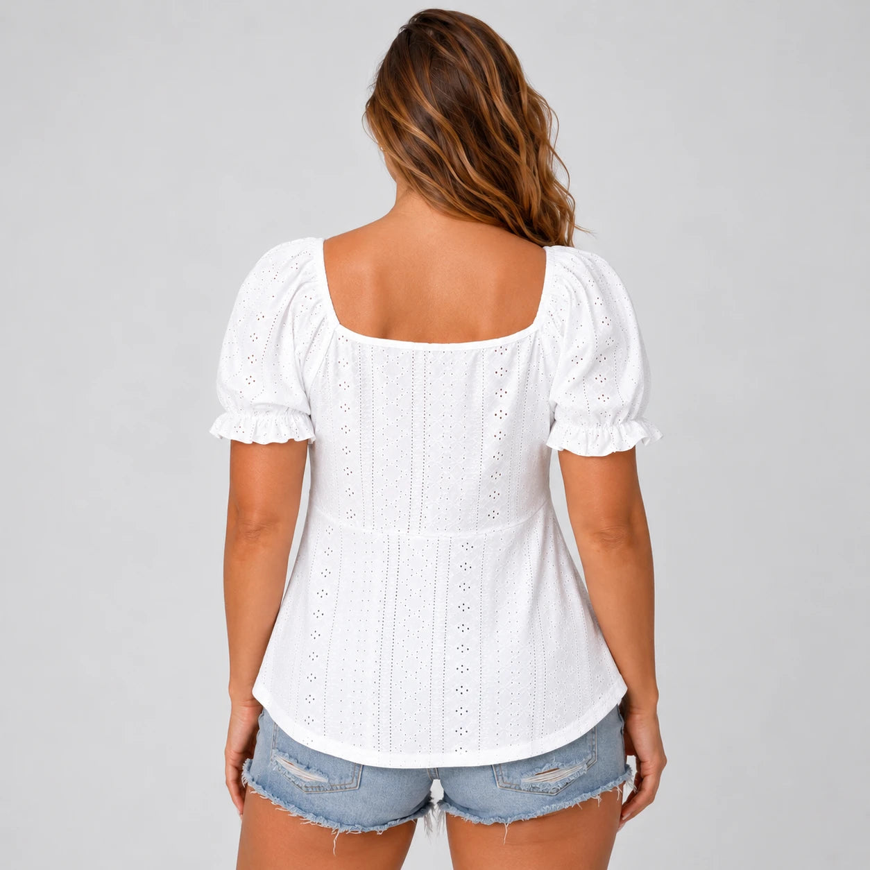 Eyelet Drawstring Puff Sleeve Top WHD0606191