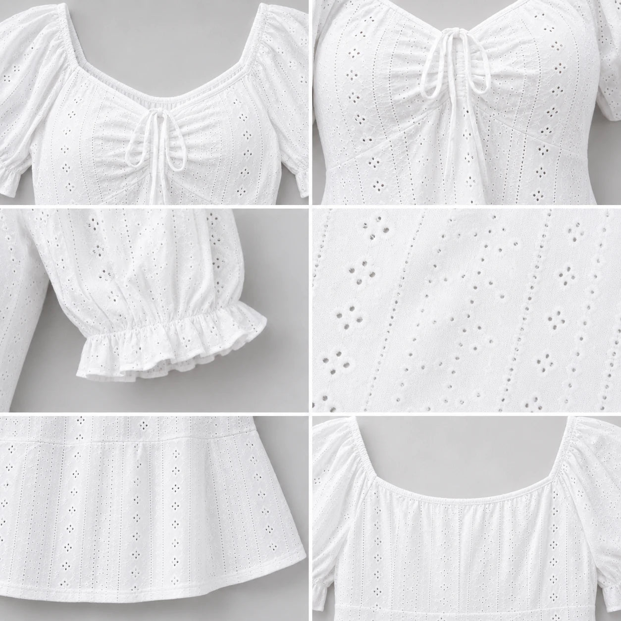 Eyelet Drawstring Puff Sleeve Top WHD0606191