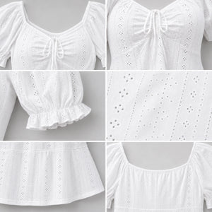 Eyelet Drawstring Puff Sleeve Top WHD0606191