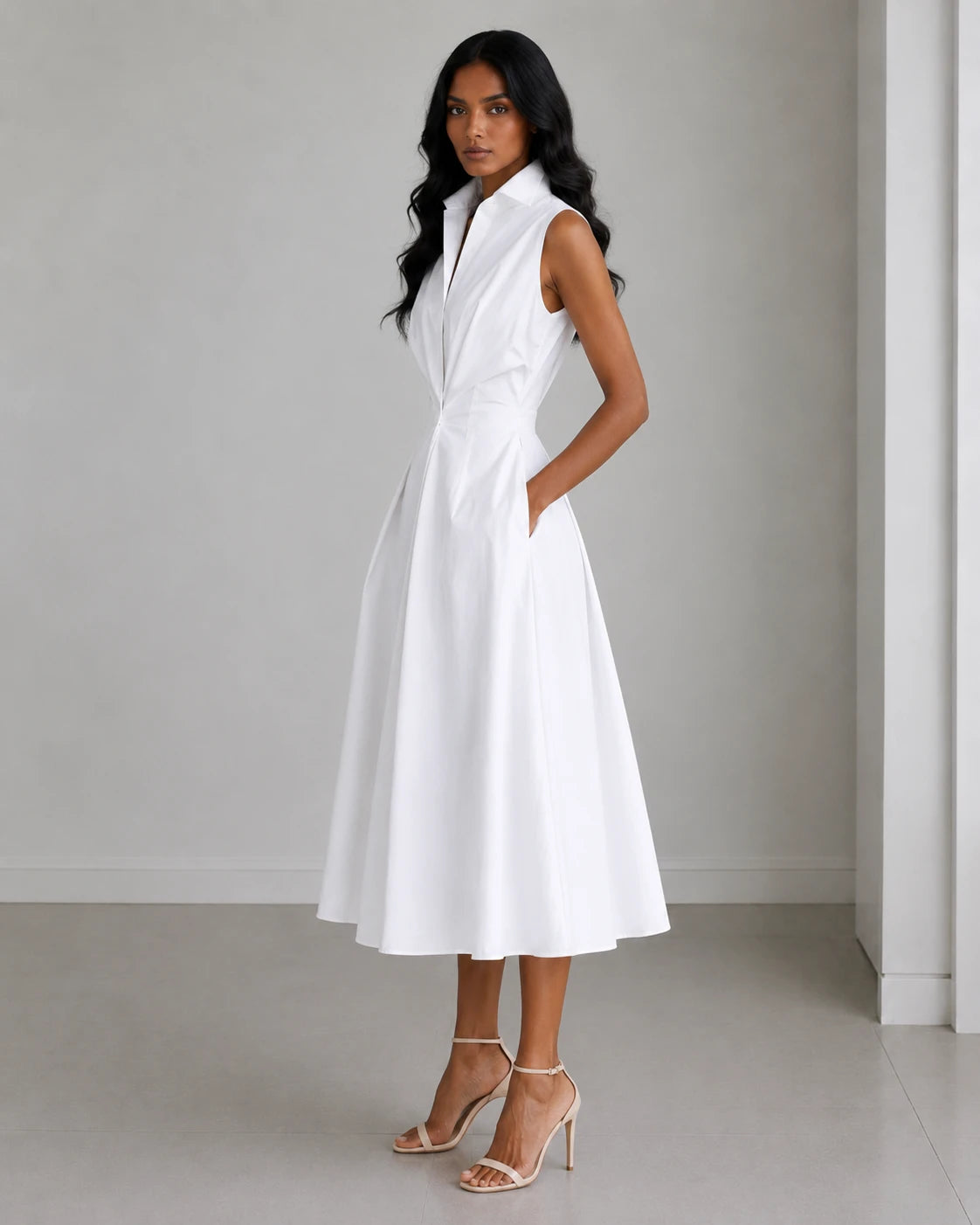 Sleeveless Collared Midi Dress WHD0606200