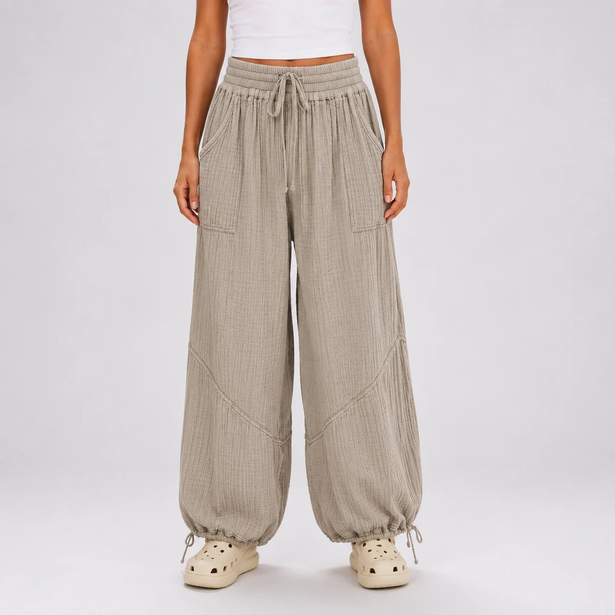 Textured Drawstring Wide Leg Pants WHD0606205
