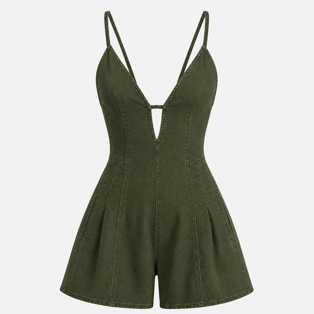 Lace-Up Back Denim Romper WHD0606217