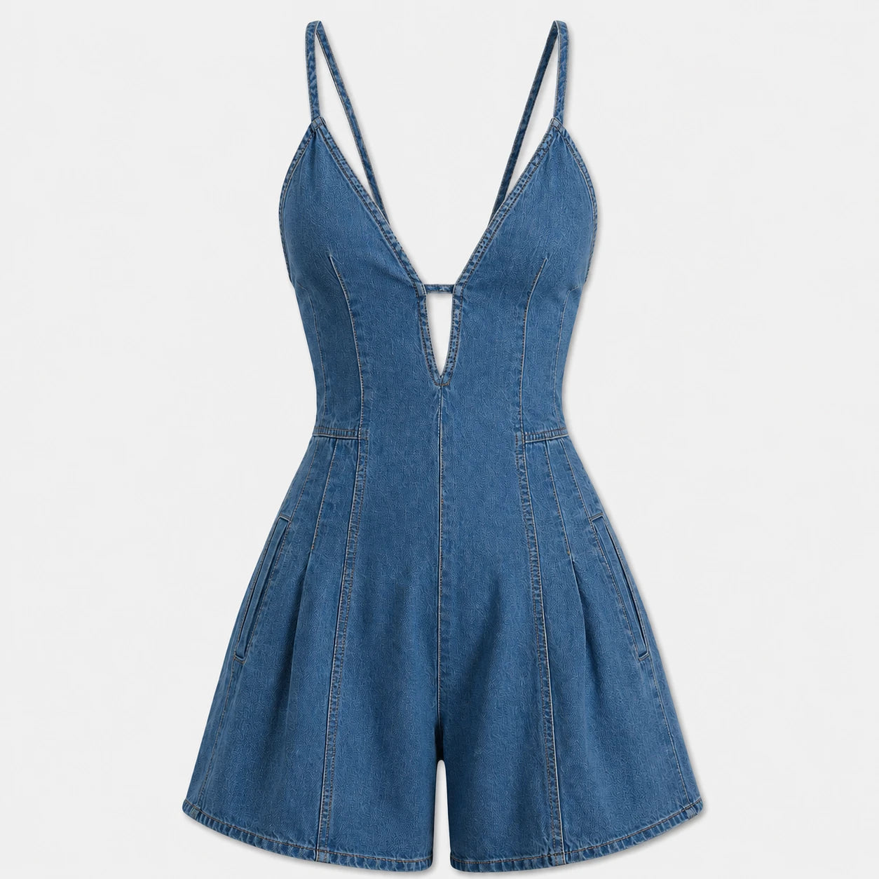 Lace-Up Back Denim Romper WHD0606217